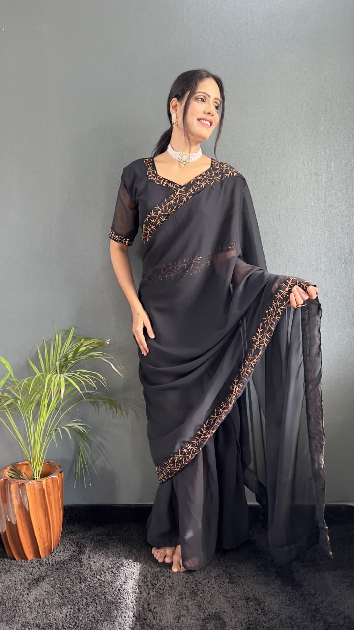 Georgette Embroidery Gown Saree with Sequence Work & Attached Pallu (HV-9203 ssvf.599)
