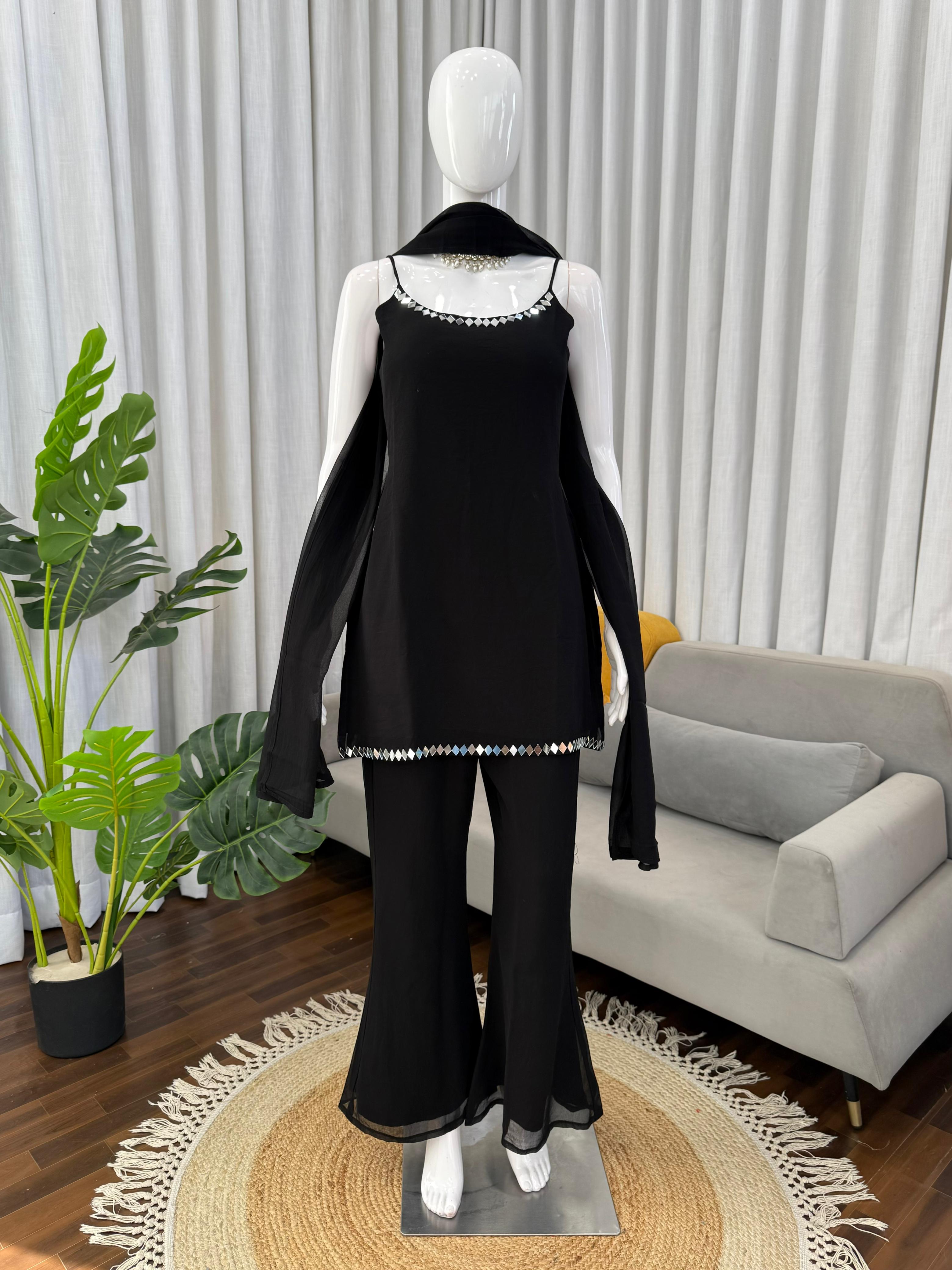 Mirror Work Faux Georgette Kurti Set with Bootcut Pants ssvf_kd1582