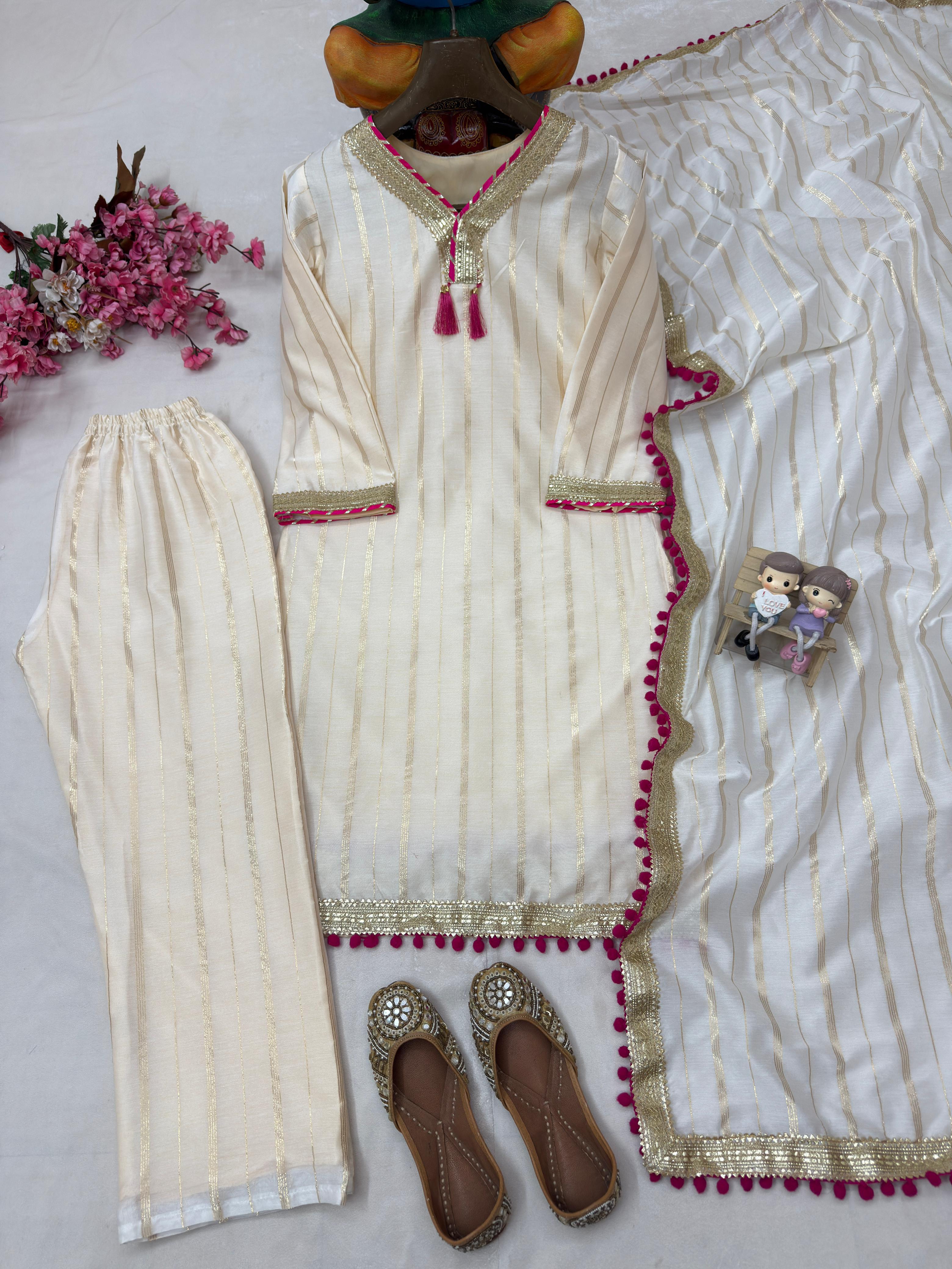 Premium Chanderi Silk 3 Piece Kurti Pant Dupatta Set ssvf.vf_228-999