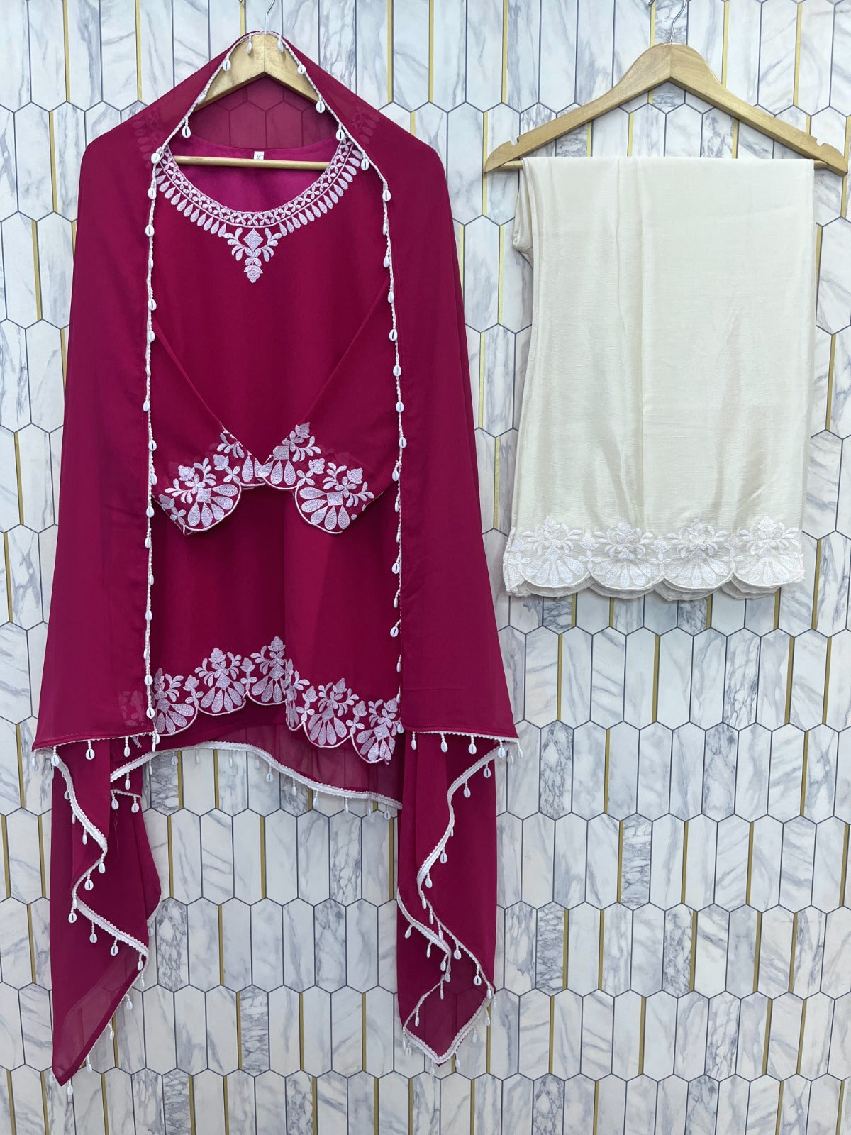 Embroidered Faux Georgette Top with Chinon Palazzo & Dupatta Set (AC-7081 ssvf-899)