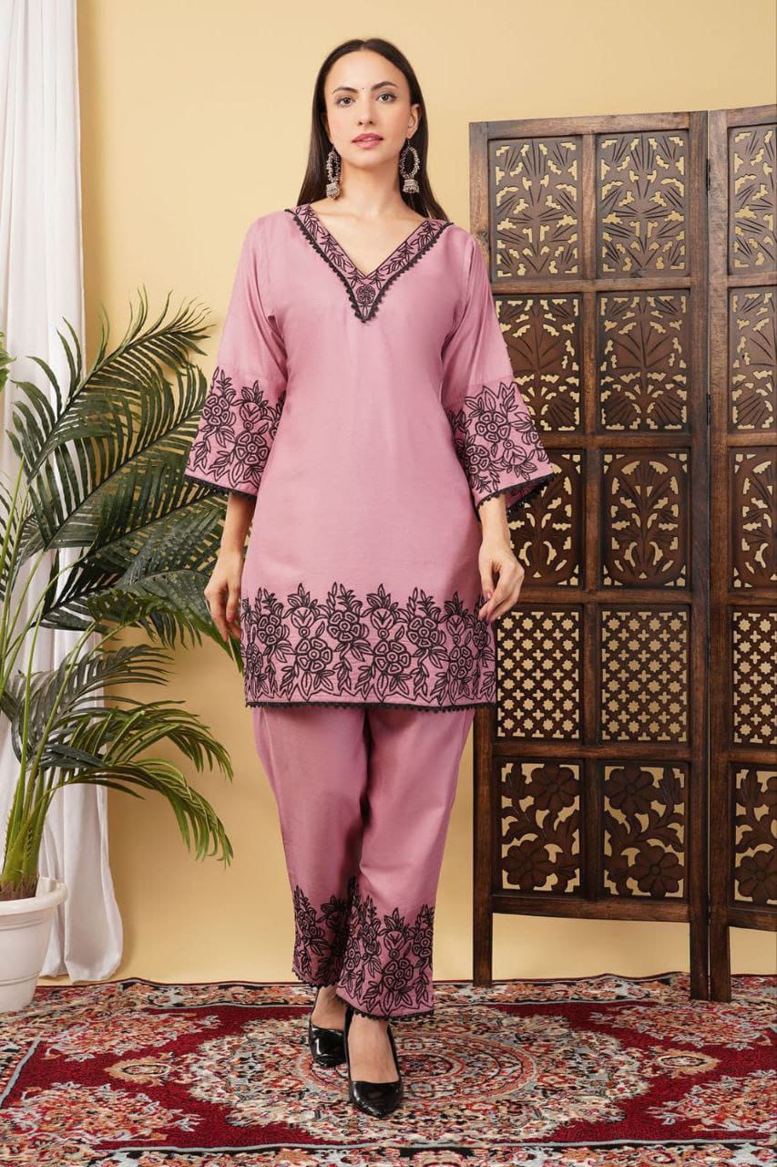 Tesla Cotton Slub Embroidered Kurti Set with Bottom – Free Shipping(SI-322 _550)