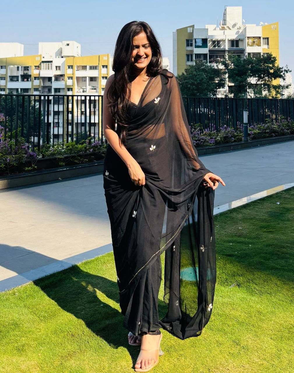 Soft Georgette Handwork Dinner Saree with Silver Border_599SSV