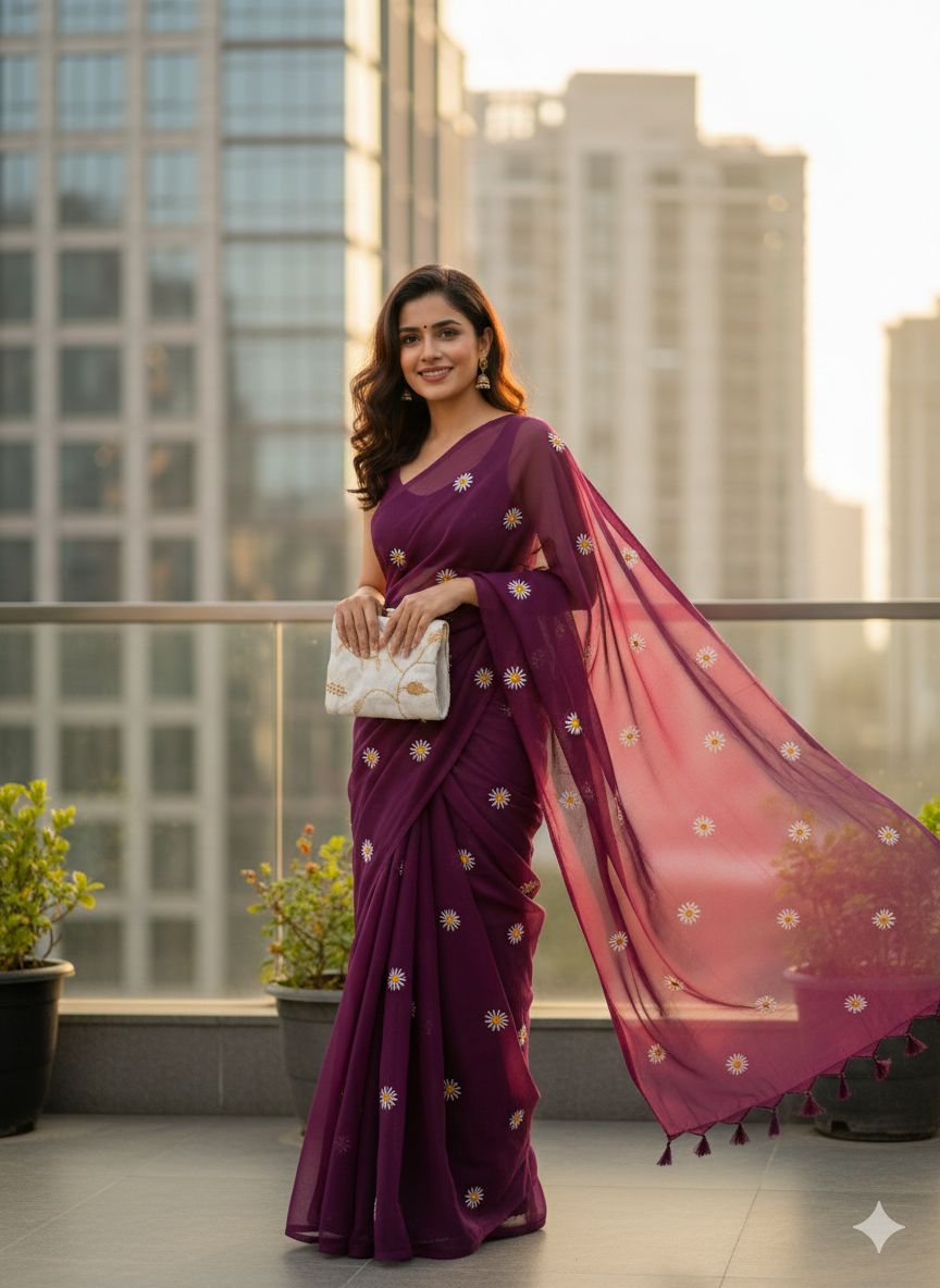 Georgette Sunflower Embroidery Saree_500SSVF