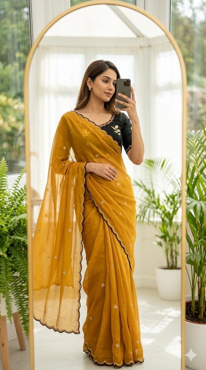 Chinon Silk Embroidery Saree with Contrast Blouse – DHURANDAR.650SSVF