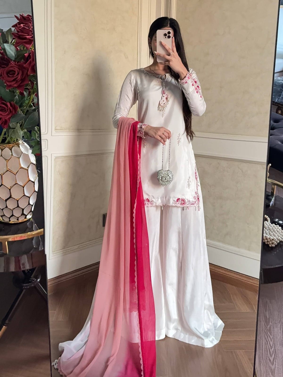 Designer Crepe Silk Embroidered Palazzo Set with Shaded Chiffon Dupatta | Party Wear for Women | TIGIQ
