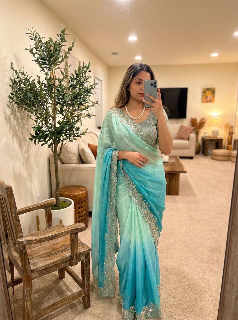 Rich Look Fendy Satin Saree with Heavy Embroidery & 3mm Sequins Work – Fully Stitched Designer BlouseIRO12197IDMNo.1470