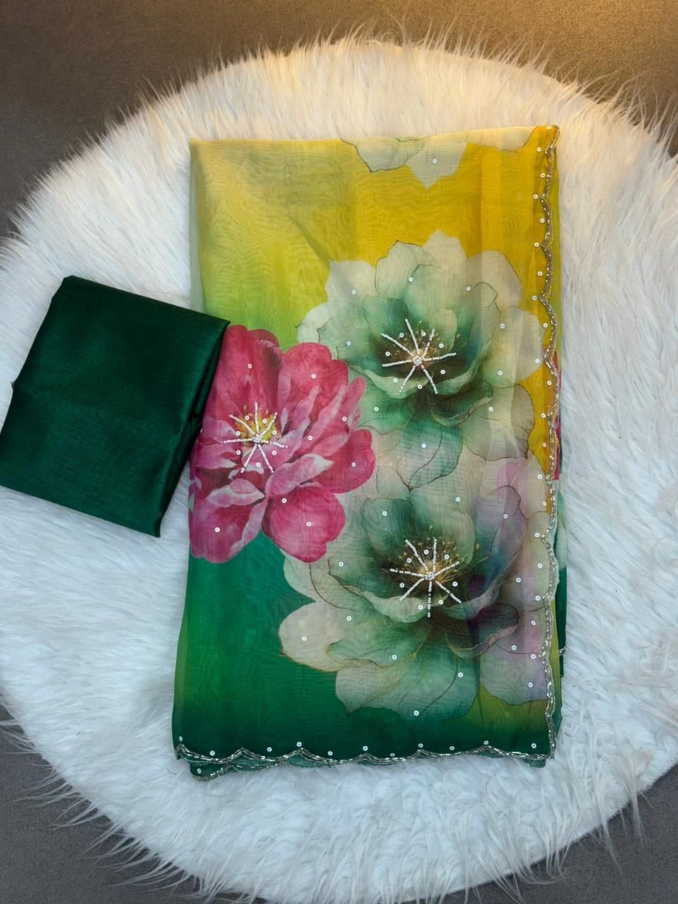 Soft Tabi Organza Celebrity Style Saree with Hand Cut Dana & Moti Work – Party Wear Designer Saree I RO12141 -DMNo.1102