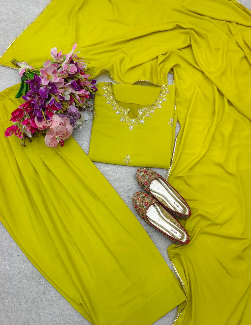 Premium Satin Silk Farshi Set with Heavy Embroidery & Dupatta