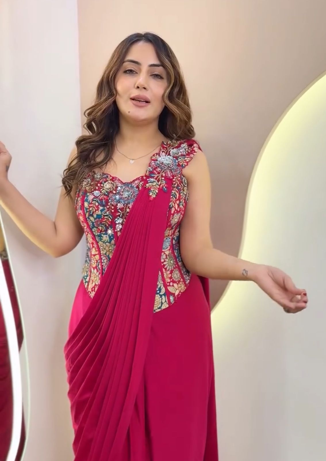 Heavy Crepe Embroidery Sequence Work Ready-to-Wear Saree with Fully Stitched Blouse(HB-213_1099)