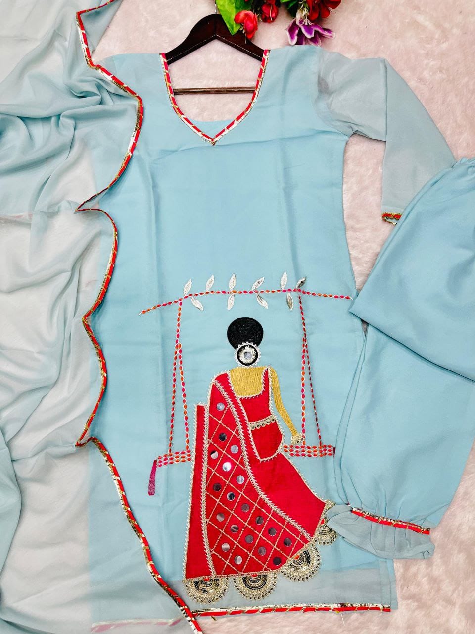 Designer Star Georgette Embroidered Sharara Set with Real Mirror Work | Party & Festive Wear (3 Pc Set)