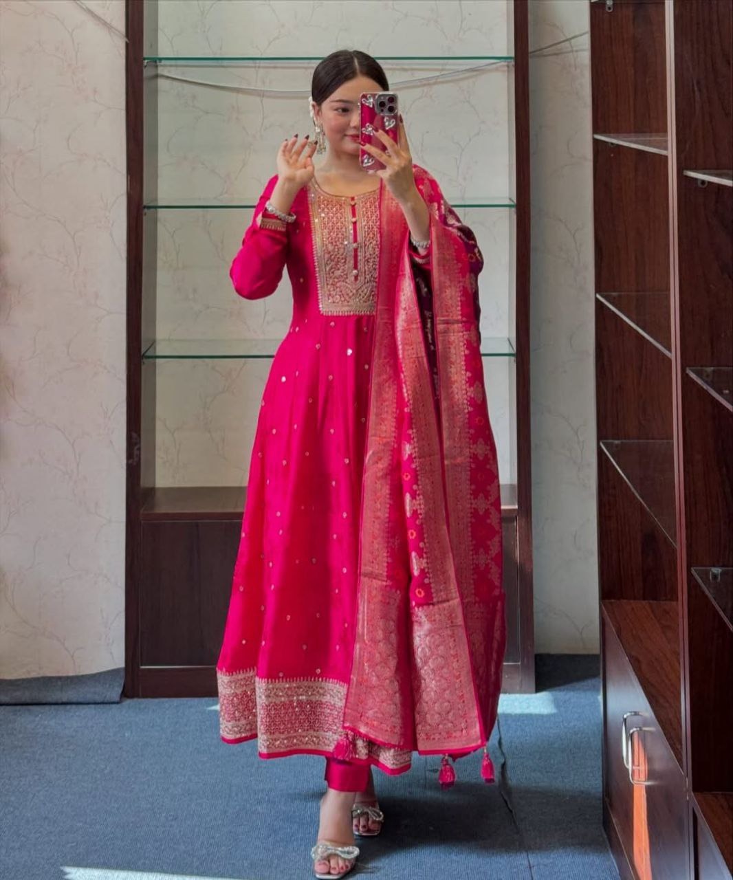 Elegant Banana Silk Anarkali Kurti Set with Banarasi Dupatta
