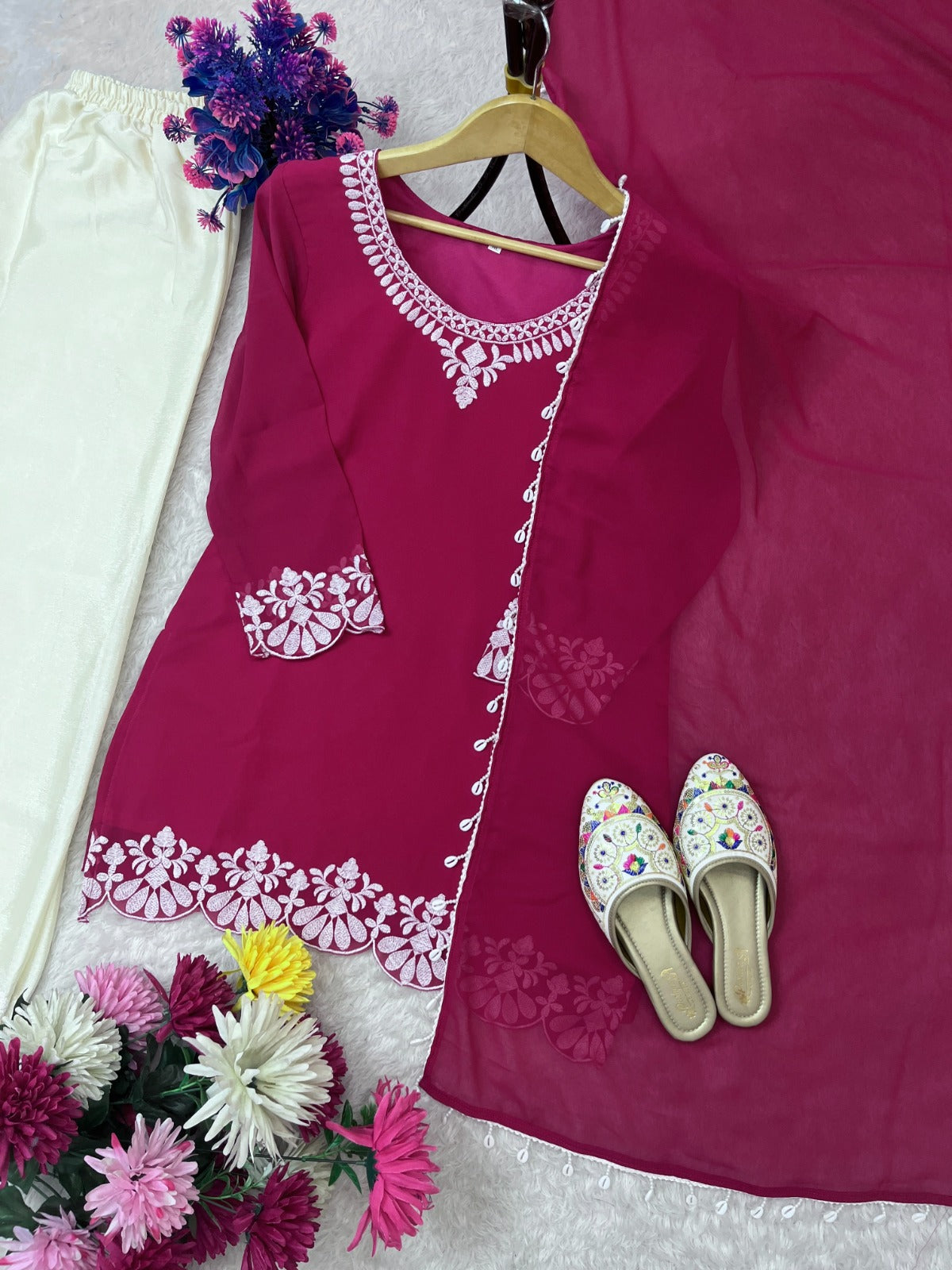Embroidered Faux Georgette Top with Chinon Palazzo & Dupatta Set (AC-7081 ssvf-899)