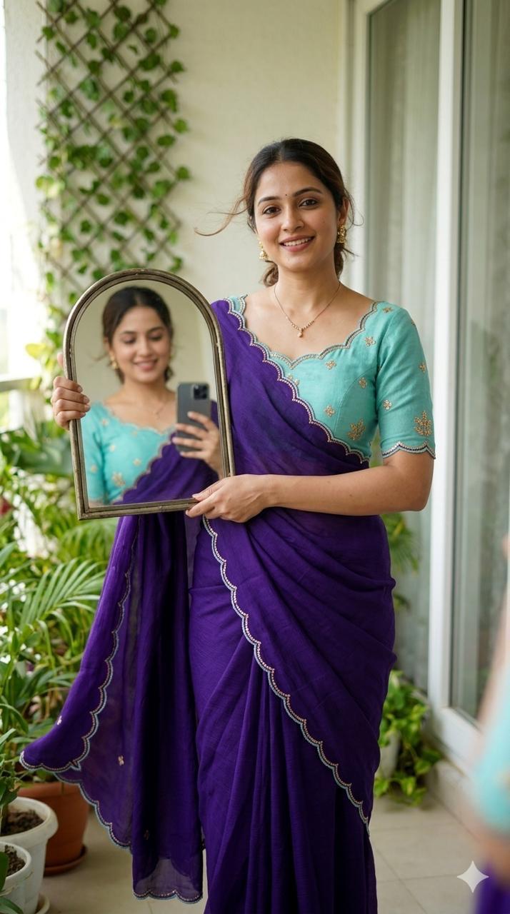 Chinon Silk Embroidery Saree with Contrast Blouse – DHURANDAR.650SSVF