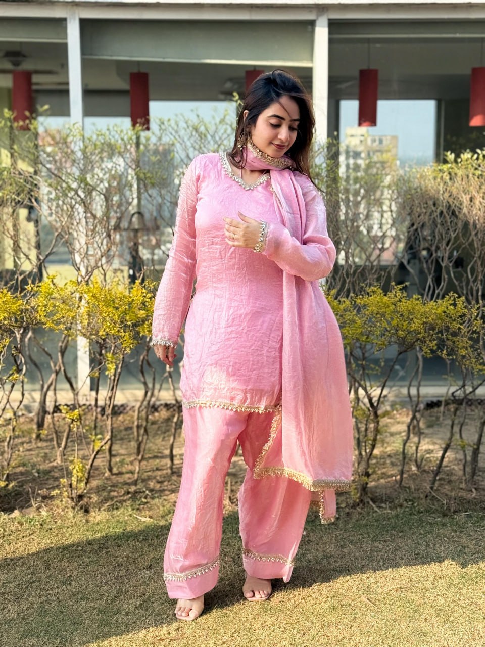 Premium Fendi Silk Embroidered Kurta Set with Mirror Work & Lace Border for Women-RO13902_1155