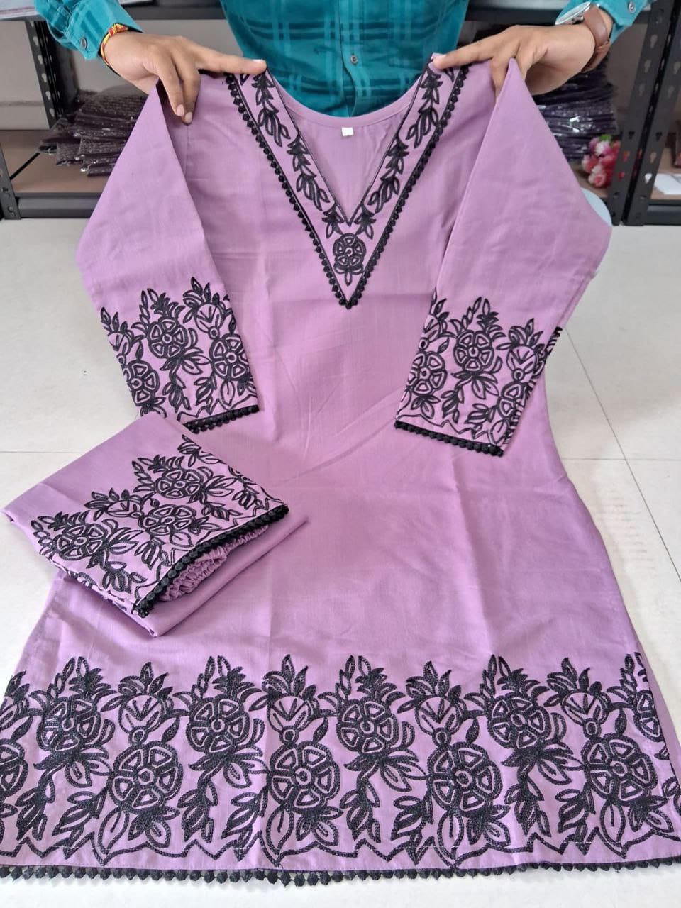 Tesla Cotton Slub Embroidered Kurti Set with Bottom – Free Shipping(SI-322 _550)