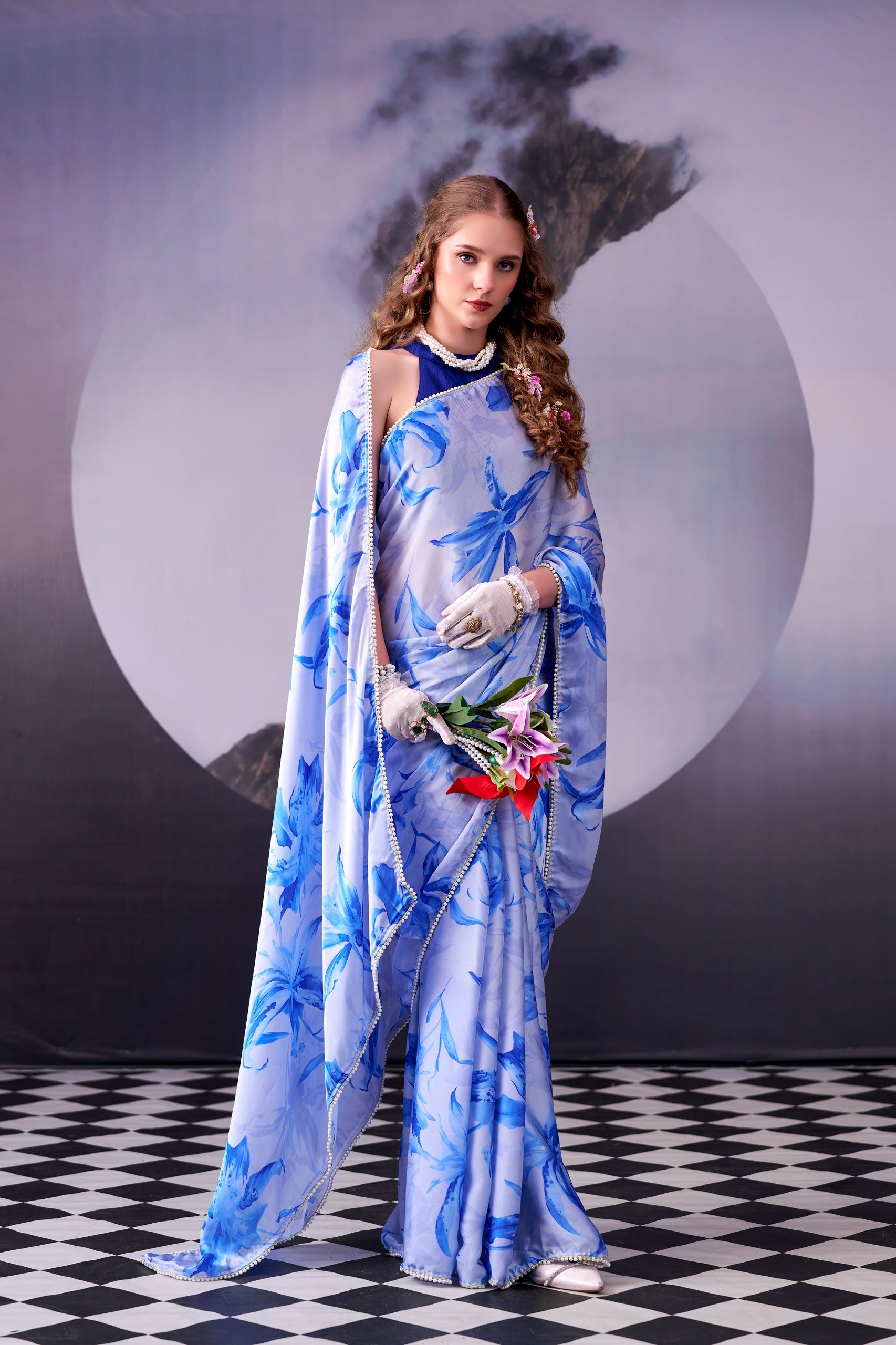 Satin Silk Floral Print Saree with Pearl Lace Border – KALKI-04.699SS