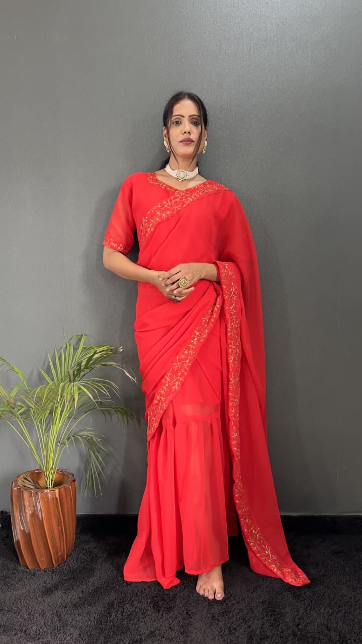 Georgette Embroidery Gown Saree with Sequence Work & Attached Pallu (HV-9203 ssvf.599)