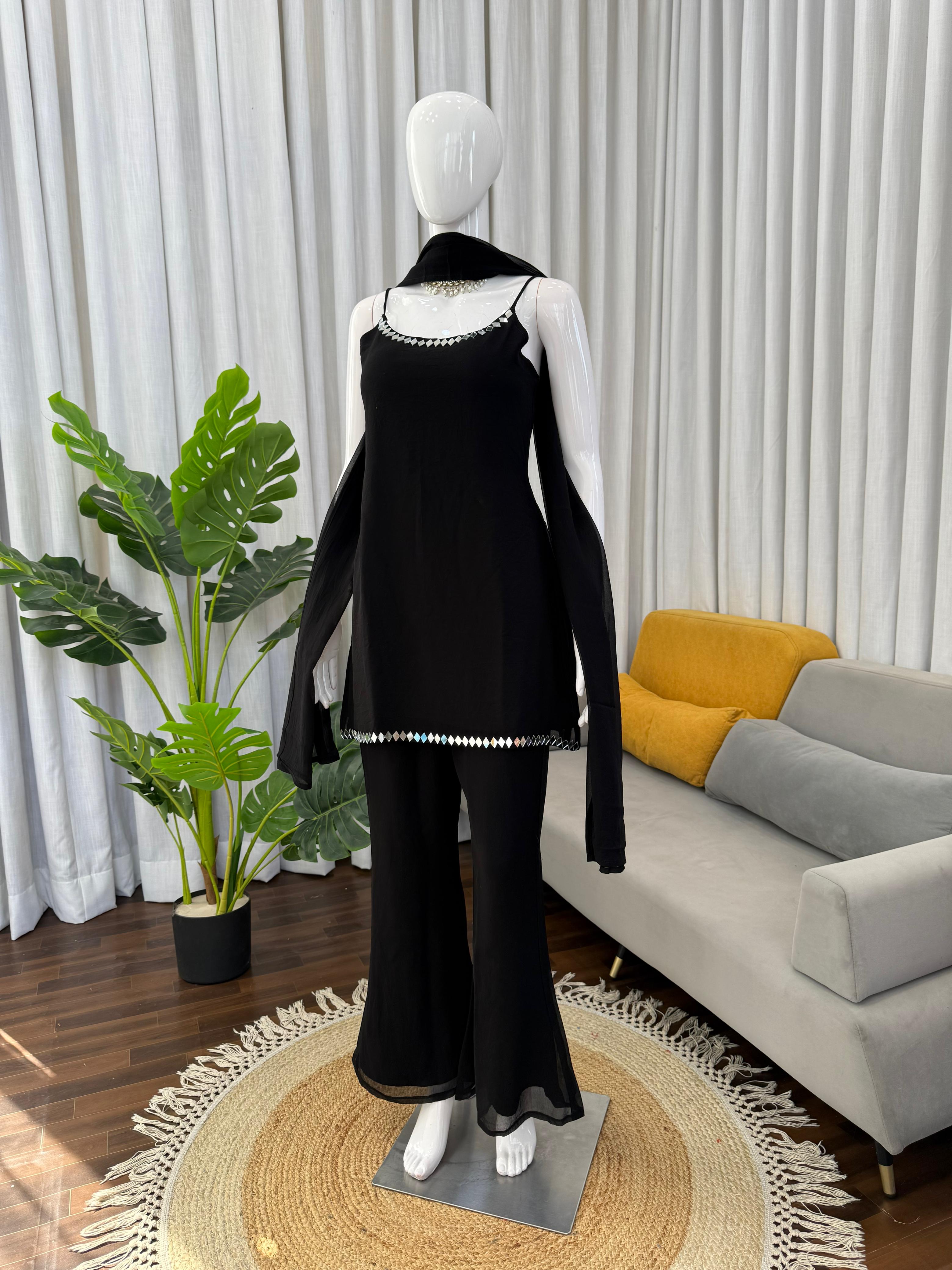 Mirror Work Faux Georgette Kurti Set with Bootcut Pants ssvf_kd1582