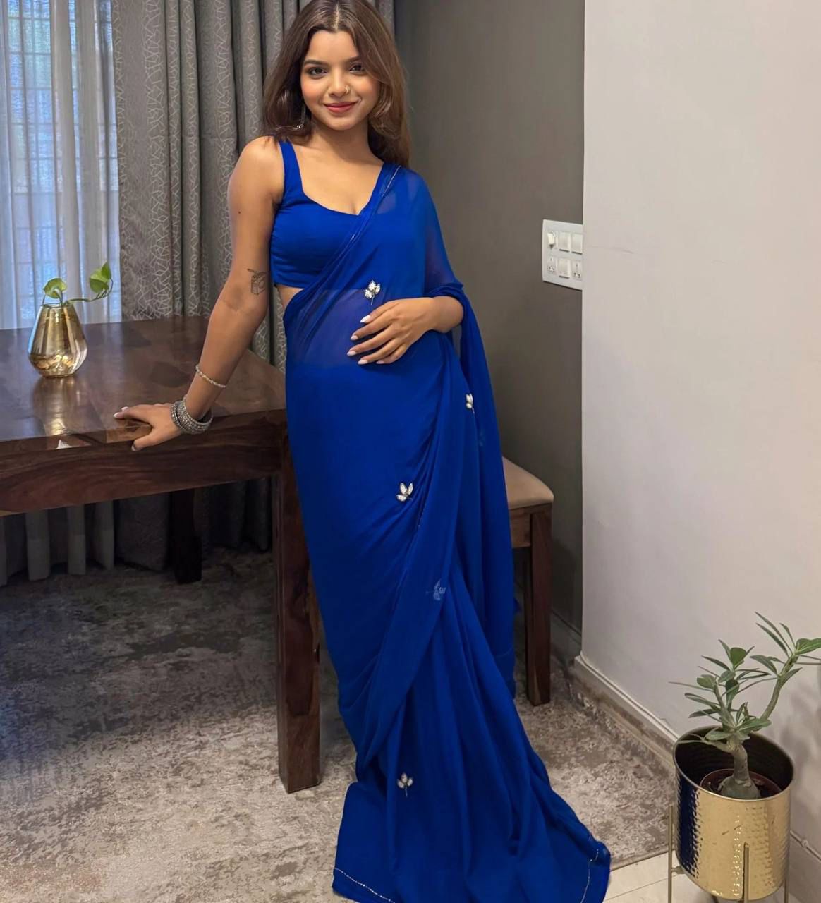 Soft Georgette Handwork Dinner Saree with Silver Border_599SSV
