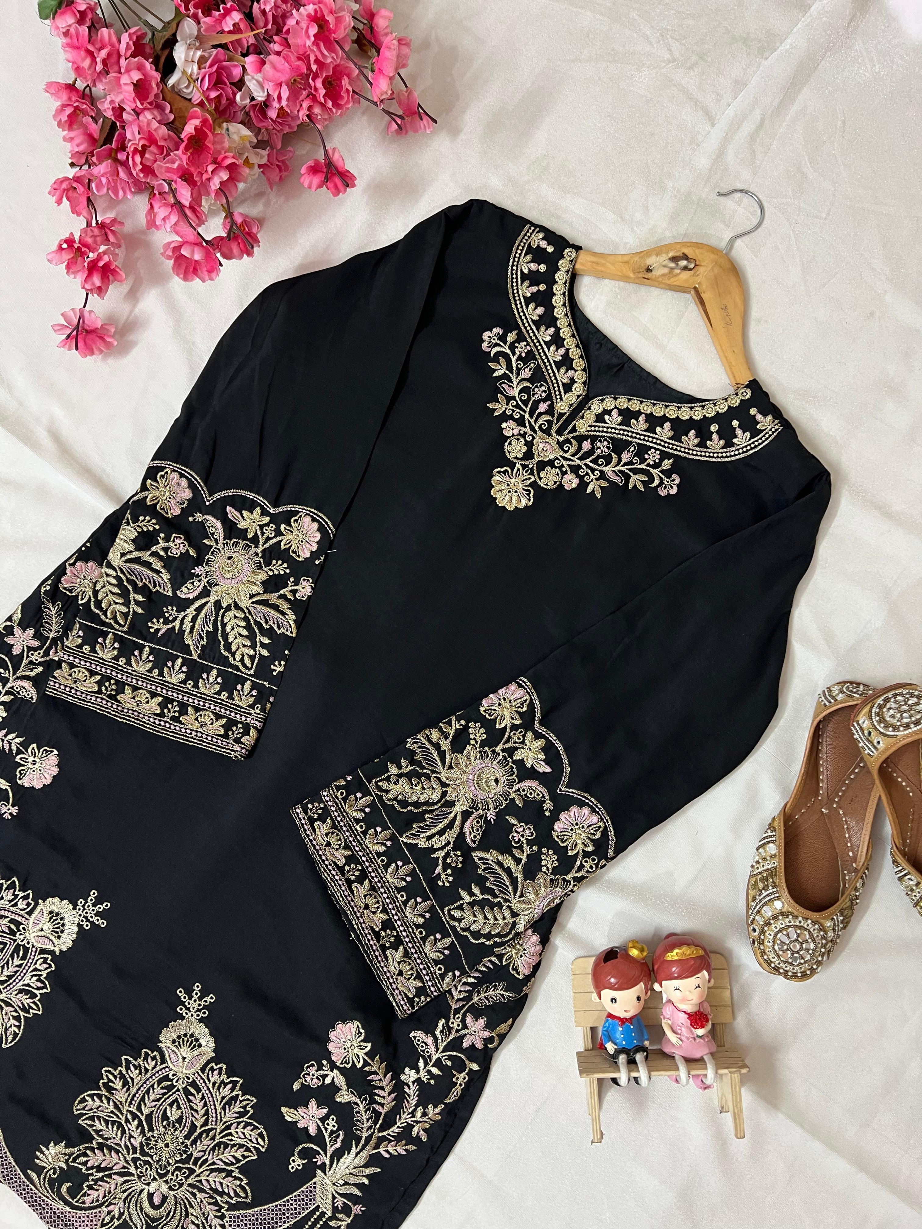 Elegant Black Muslin Cotton Embroidered Kurti Palazzo Set for Women – Premium Co-Ord Set_ssvf(LC 1392)