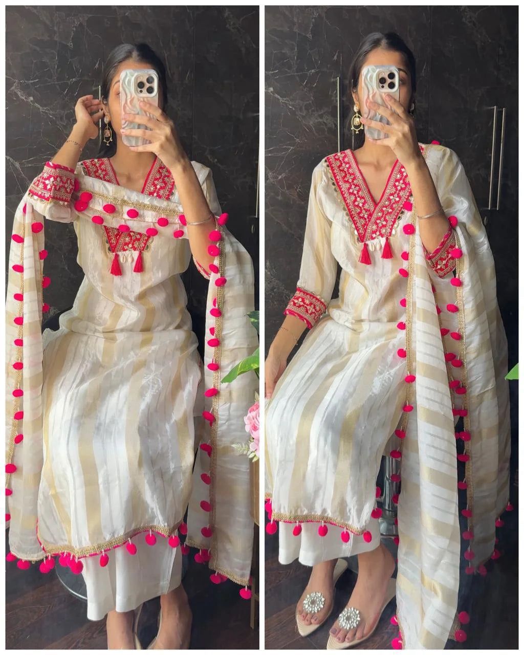 Premium Chanderi Silk 3 Piece Kurti Pant Dupatta Set ssvf.vf_228-999