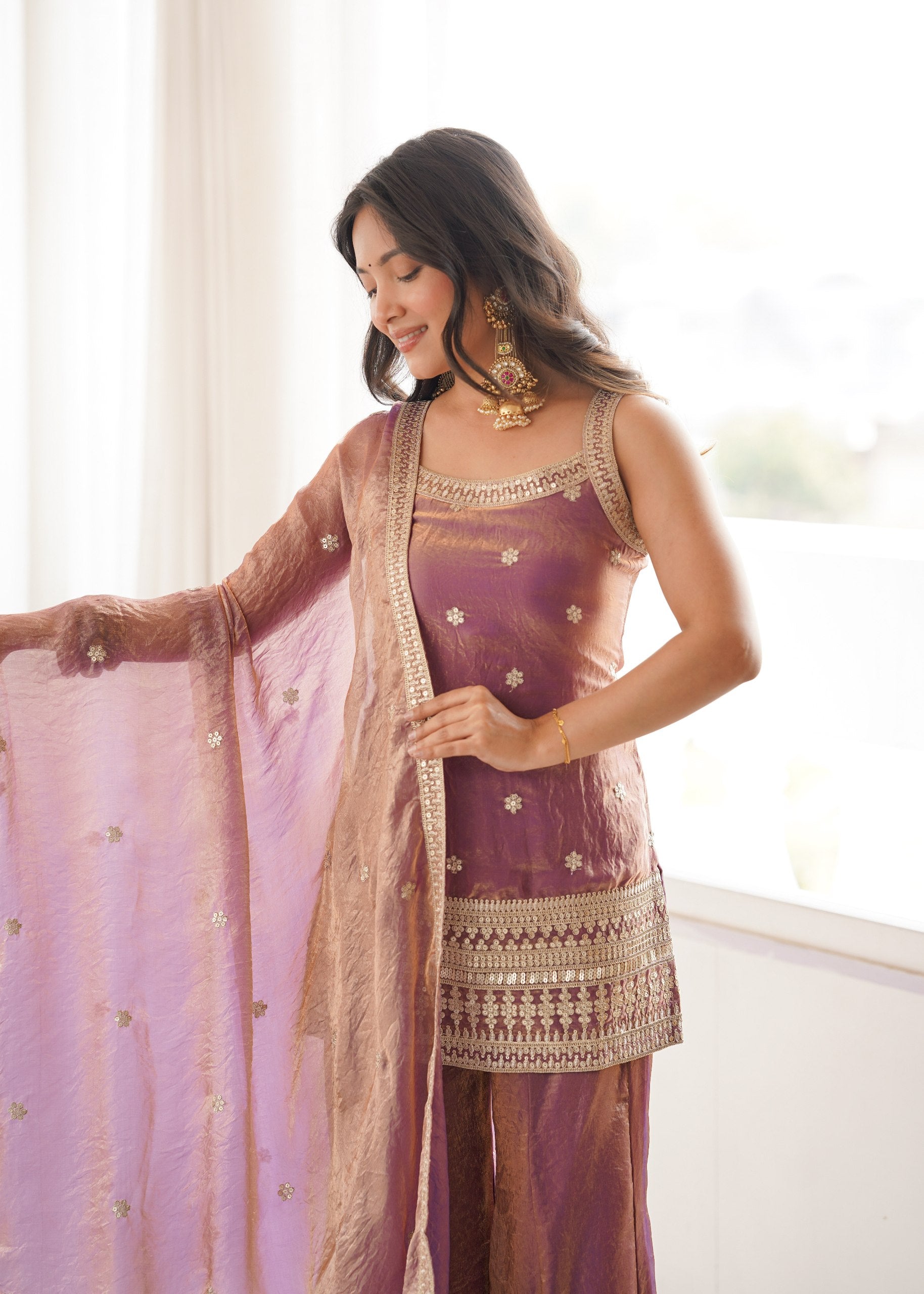 Designer Trendy Silk Embroidered Kurta Palazzo Set with Dupatta for Women | Sequence, Dori & Zari Work | RO1170