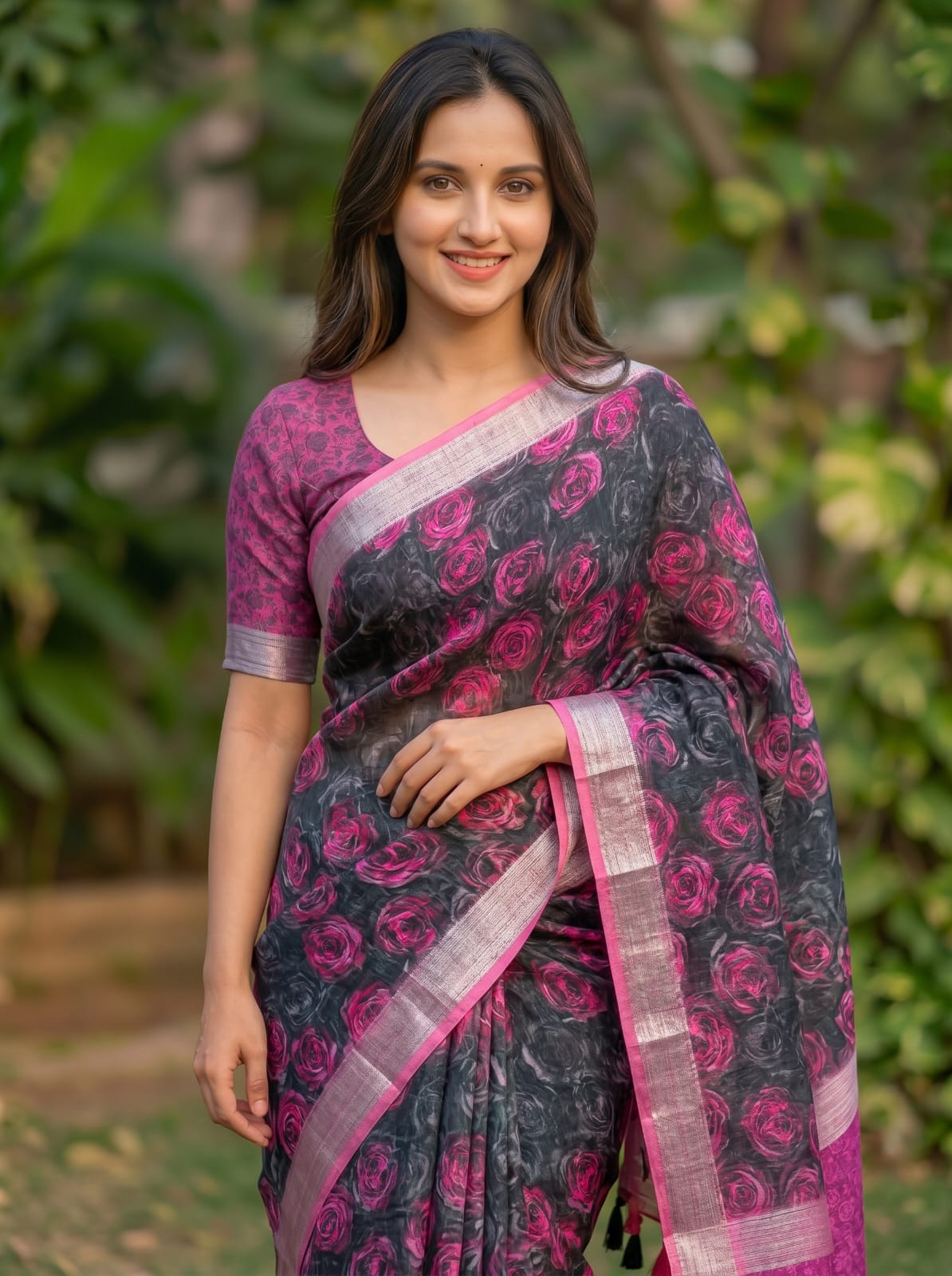Linen Saree with Silver Jari Border – MG357.560SS