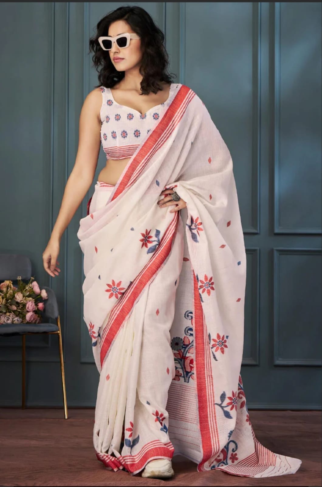 Plain Linen Digital Print Saree – MG665.560SS