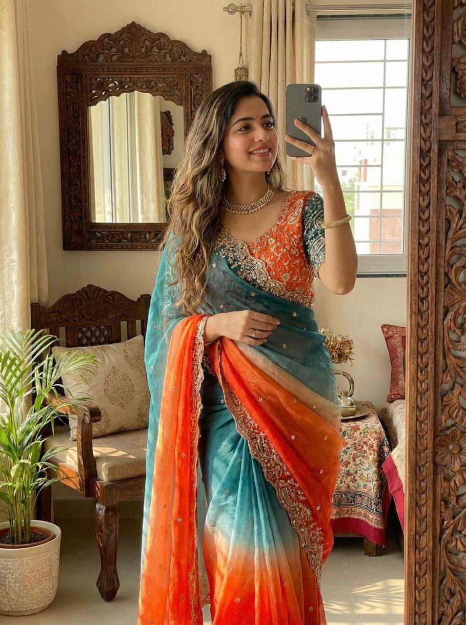Rich Look Fendy Satin Saree with Heavy Embroidery & 3mm Sequins Work – Fully Stitched Designer BlouseIRO12197IDMNo.1470
