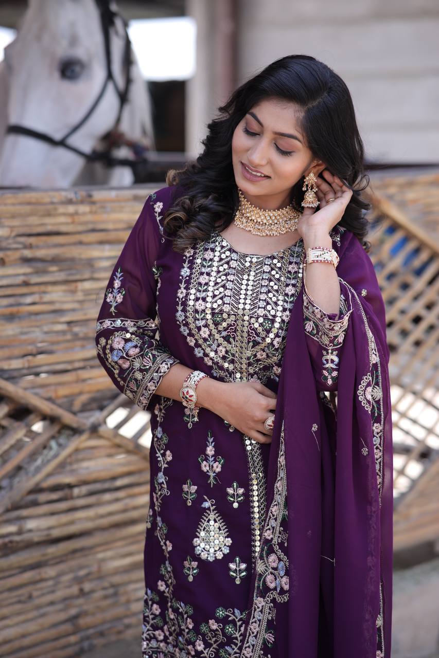 Exclusive Faux Georgette Silk Embroidered Kurti Set with Dupatta | Premium Party & Festive Wear (3 Pc Set)