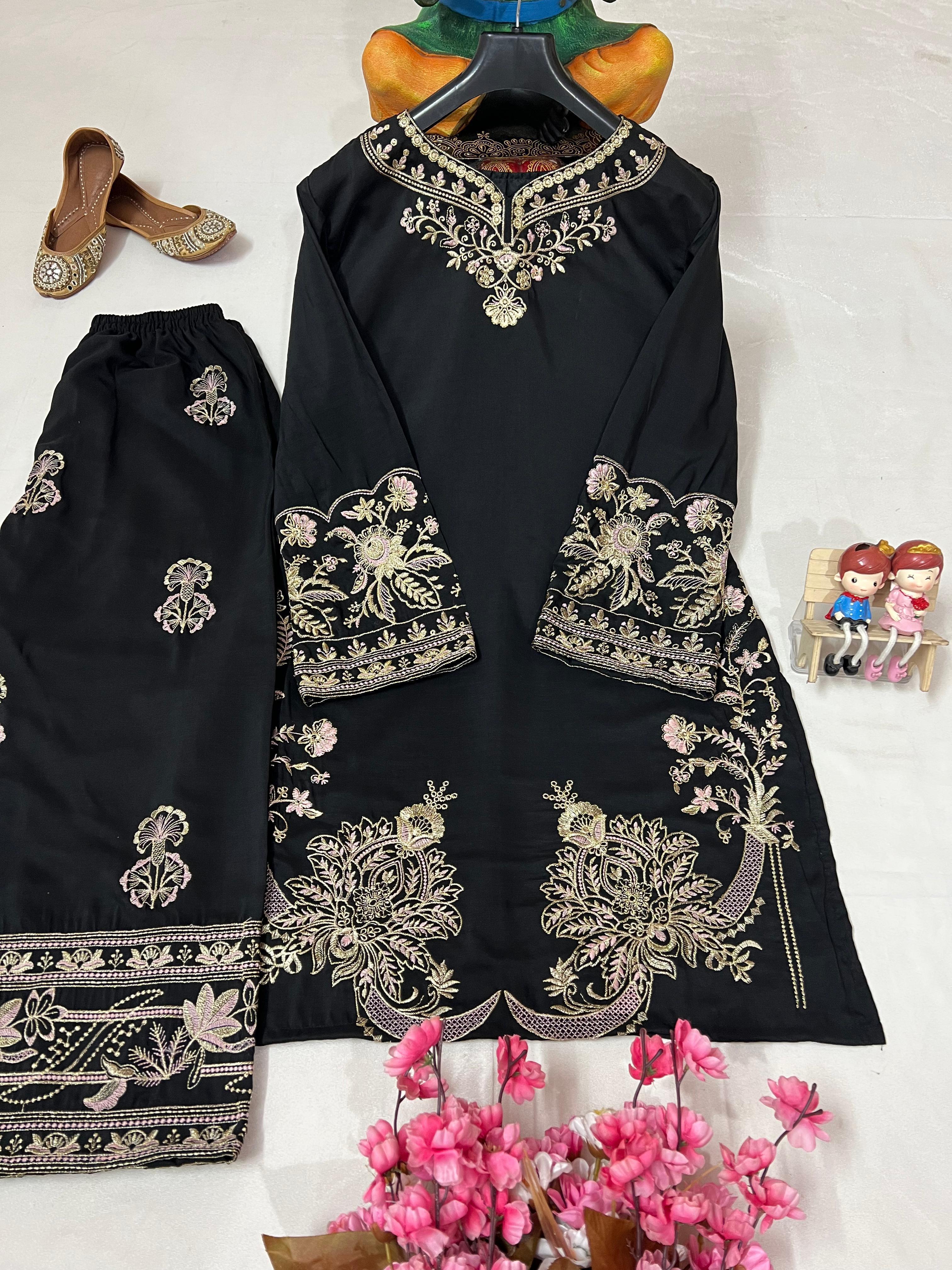 Elegant Black Muslin Cotton Embroidered Kurti Palazzo Set for Women – Premium Co-Ord Set_ssvf(LC 1392)