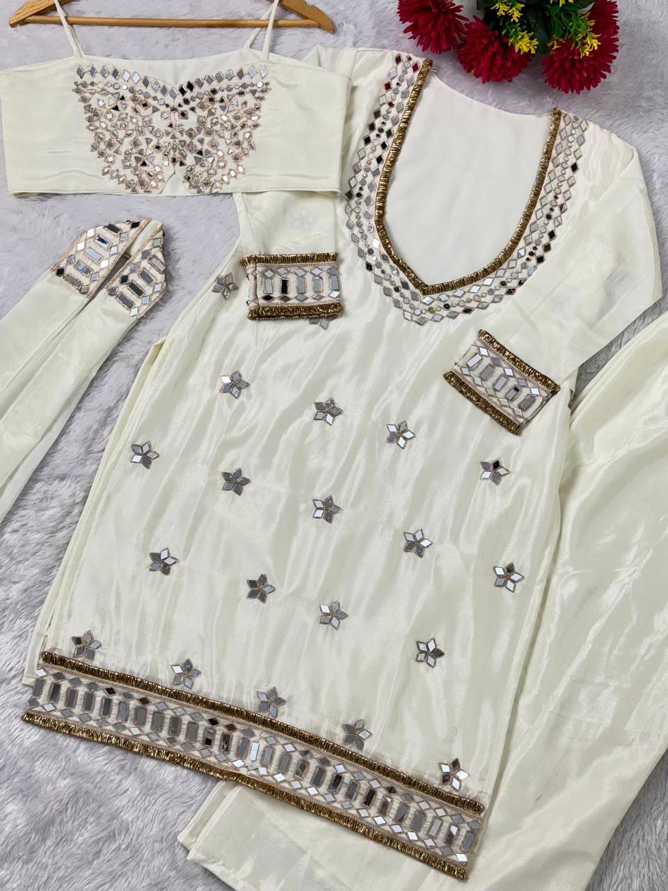 Elegant Chinon Party Wear Co-Ord Set with Bustier, Palazzo & Dupatta.