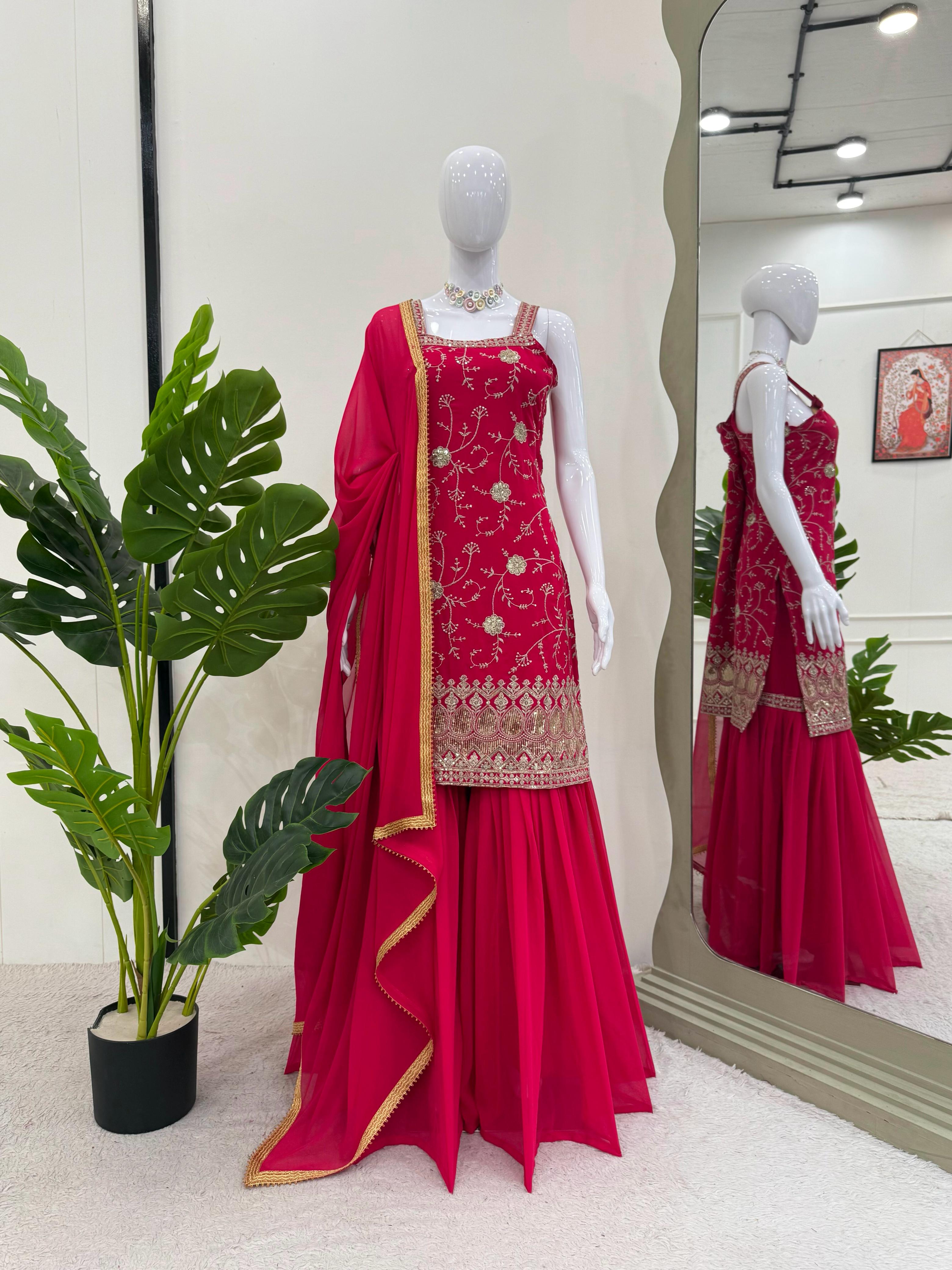 Faux Georgette Embroidered Sharara Set with Lace Dupatta ssvf_5855-799