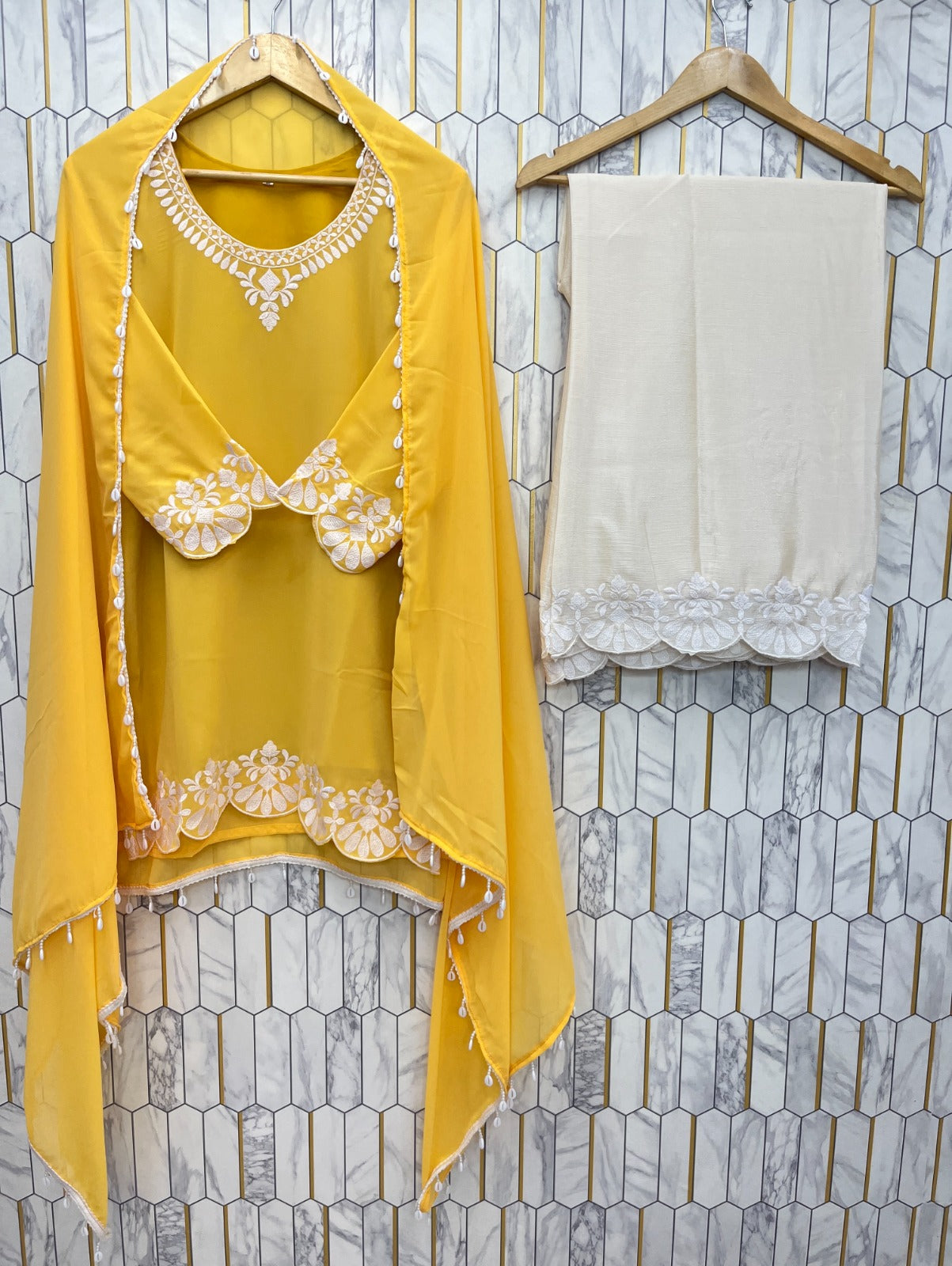 Embroidered Faux Georgette Top with Chinon Palazzo & Dupatta Set (AC-7081 ssvf-899)