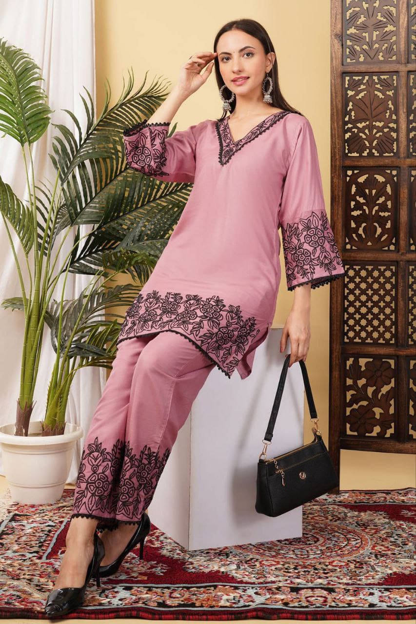 Tesla Cotton Slub Embroidered Kurti Set with Bottom – Free Shipping(SI-322 _550)