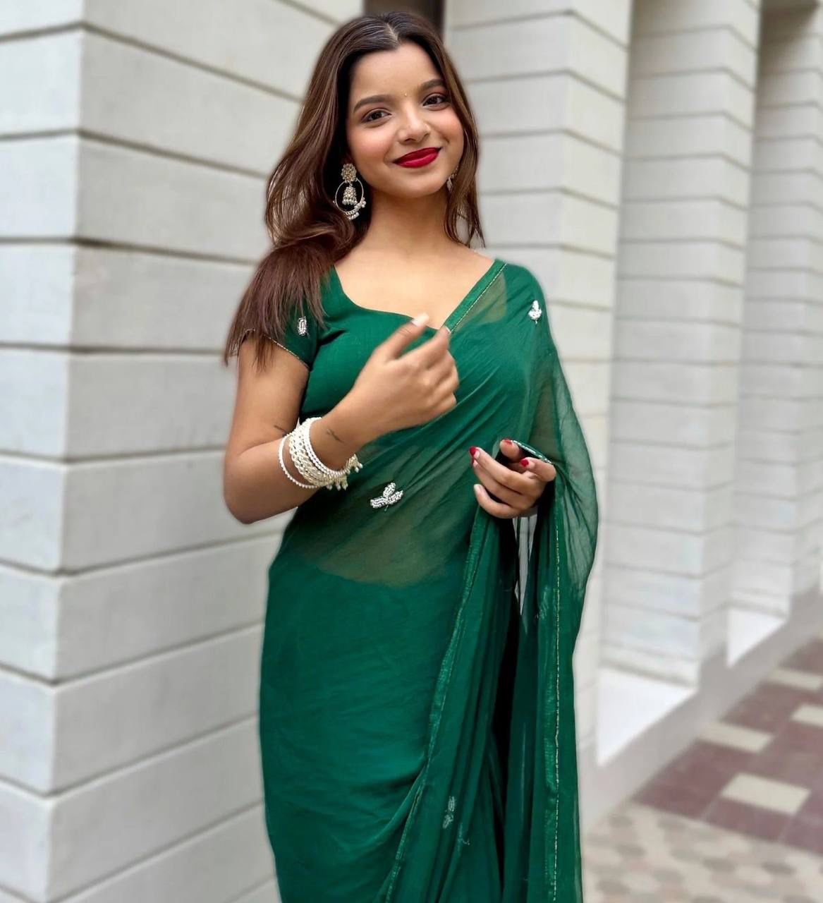 Soft Georgette Handwork Dinner Saree with Silver Border_599SSV