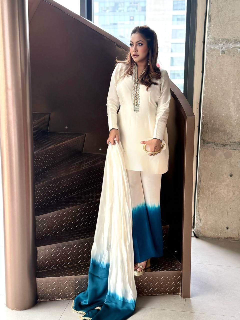 Designer Party Wear Roman Glass Embroidered Top Palazzo & Organza Dupatta Set for Women.RE1070