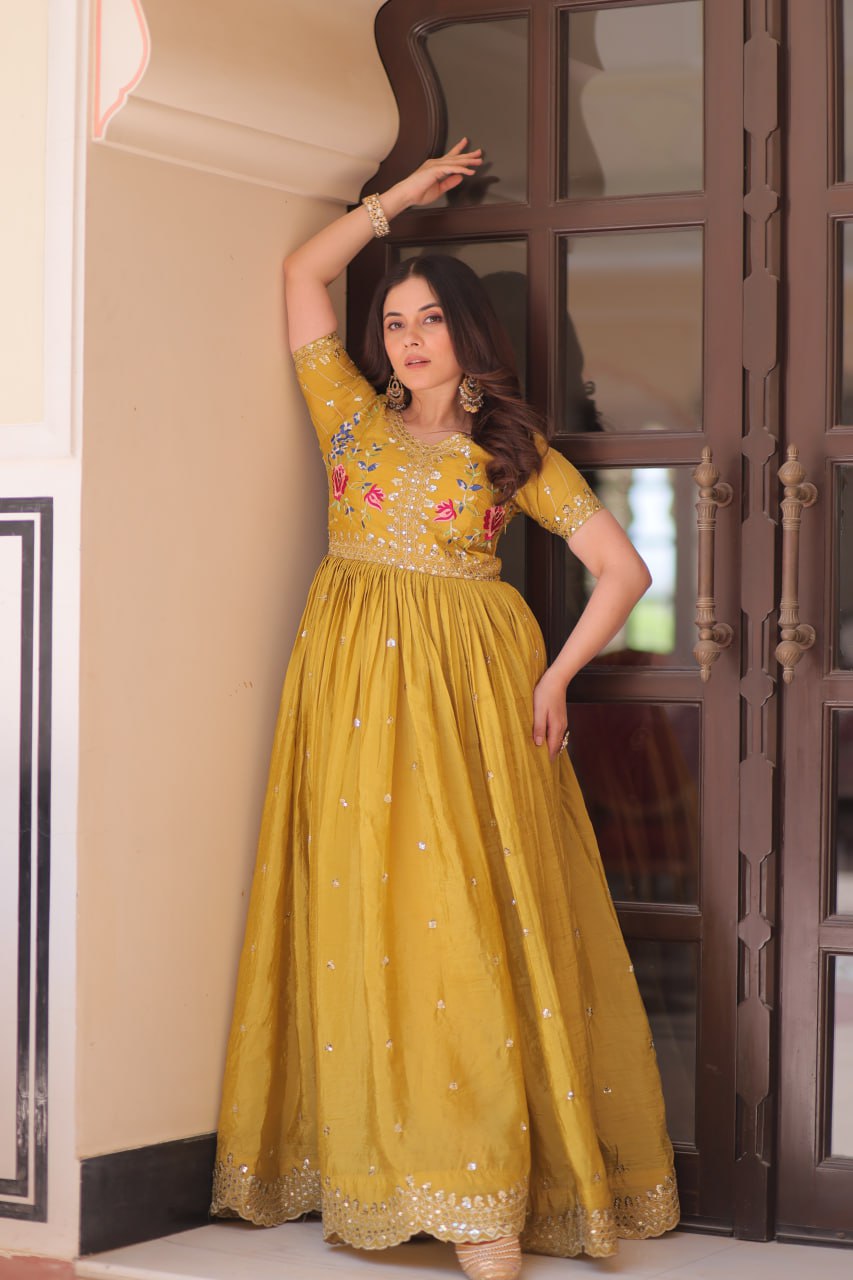 Gold Crush Embroidered Gown with Zari & Sequin Detailing