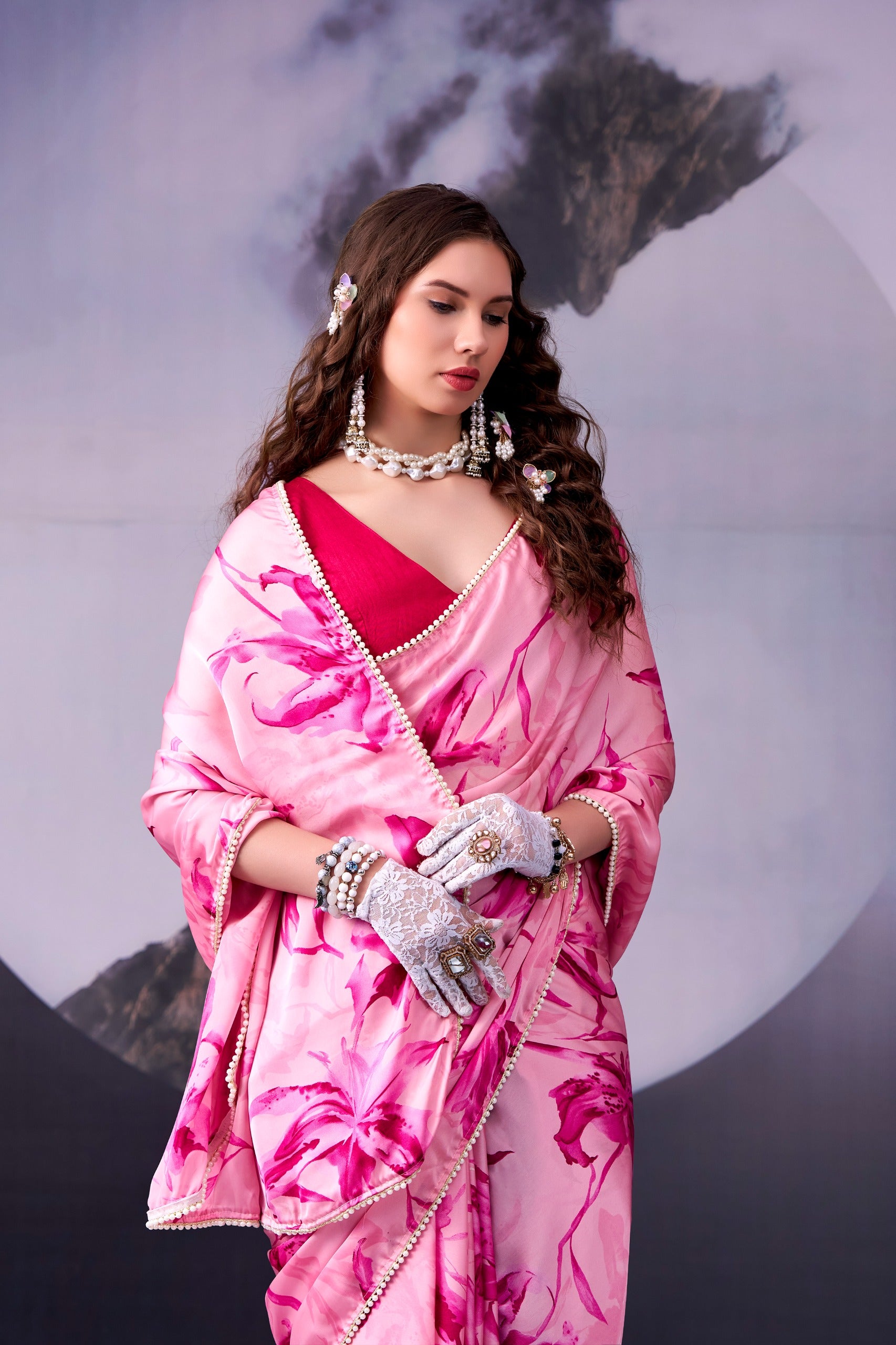 Satin Silk Floral Print Saree with Pearl Lace Border – KALKI-04.699SS