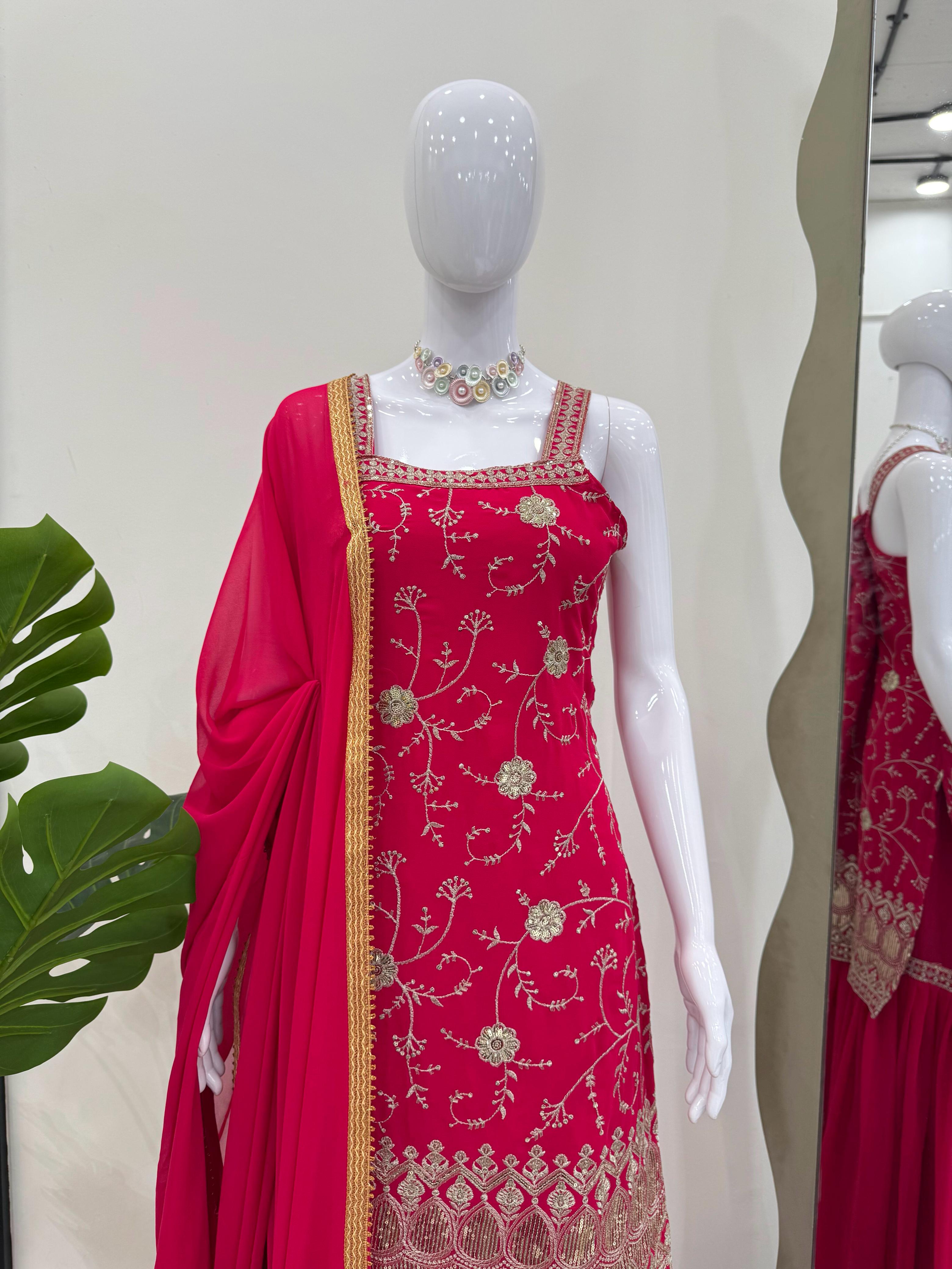 Faux Georgette Embroidered Sharara Set with Lace Dupatta ssvf_5855-799