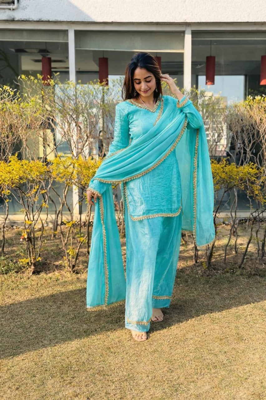 Premium Fendi Silk Embroidered Kurta Set with Mirror Work & Lace Border for Women-RO13902_1155