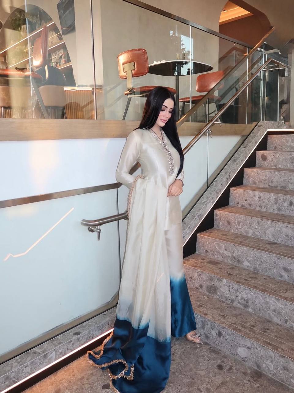 Designer Party Wear Roman Glass Embroidered Top Palazzo & Organza Dupatta Set for Women.RE1070