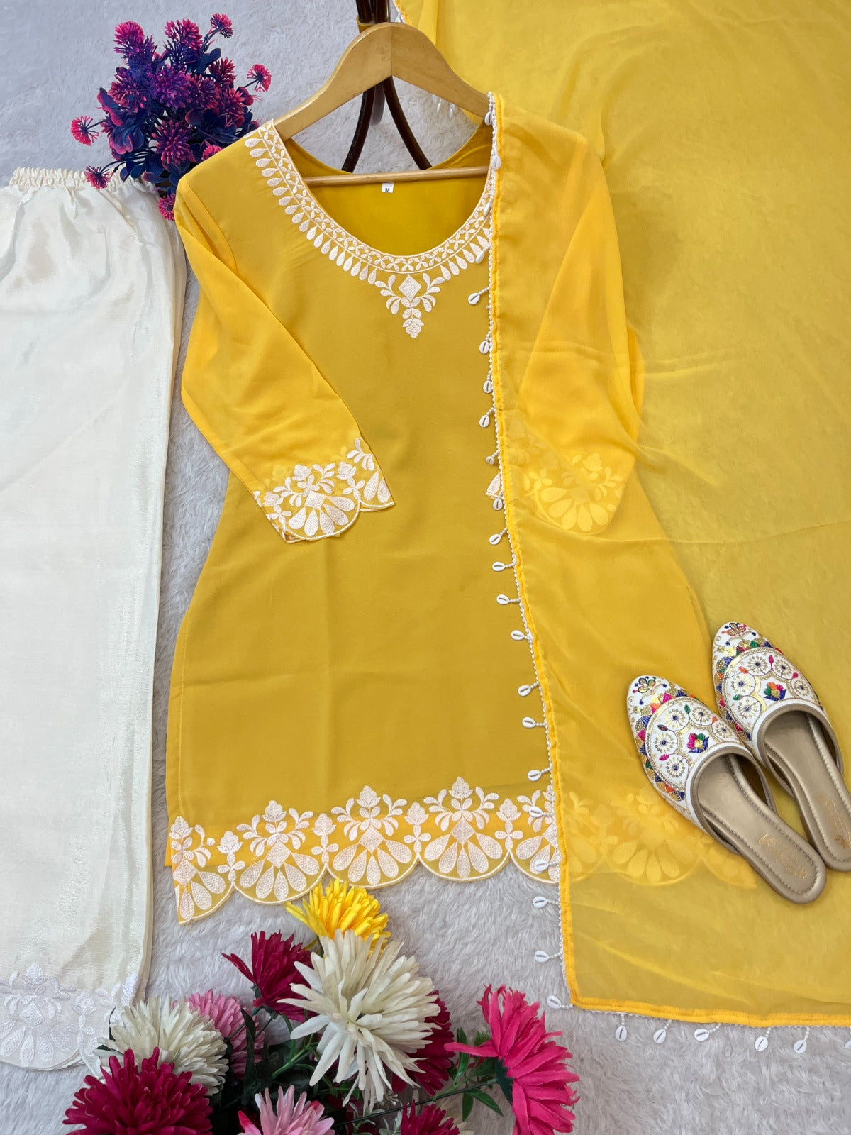 Embroidered Faux Georgette Top with Chinon Palazzo & Dupatta Set (AC-7081 ssvf-899)
