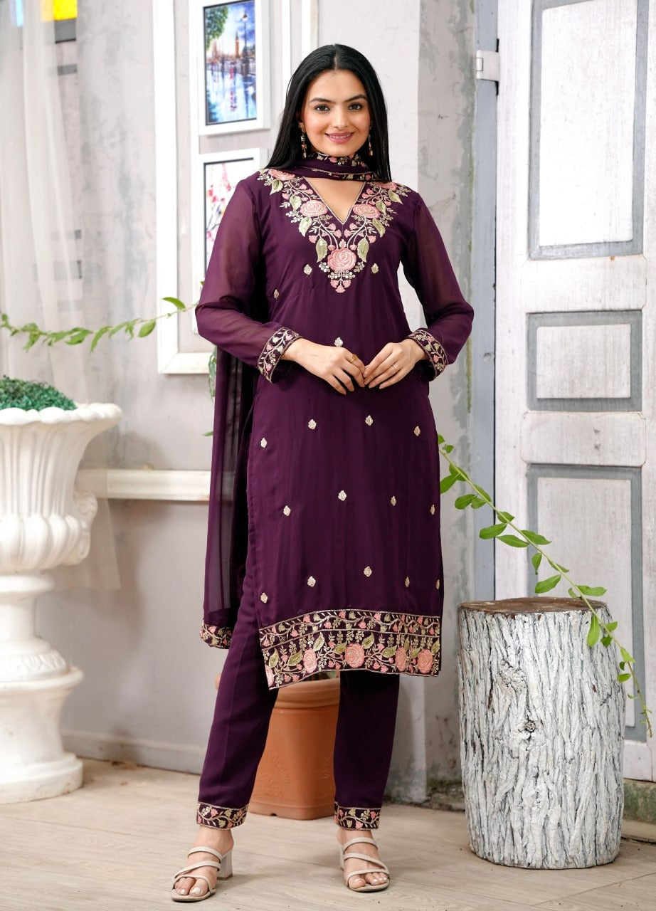 Elegant Embroidered Fox Georgette Suit Set