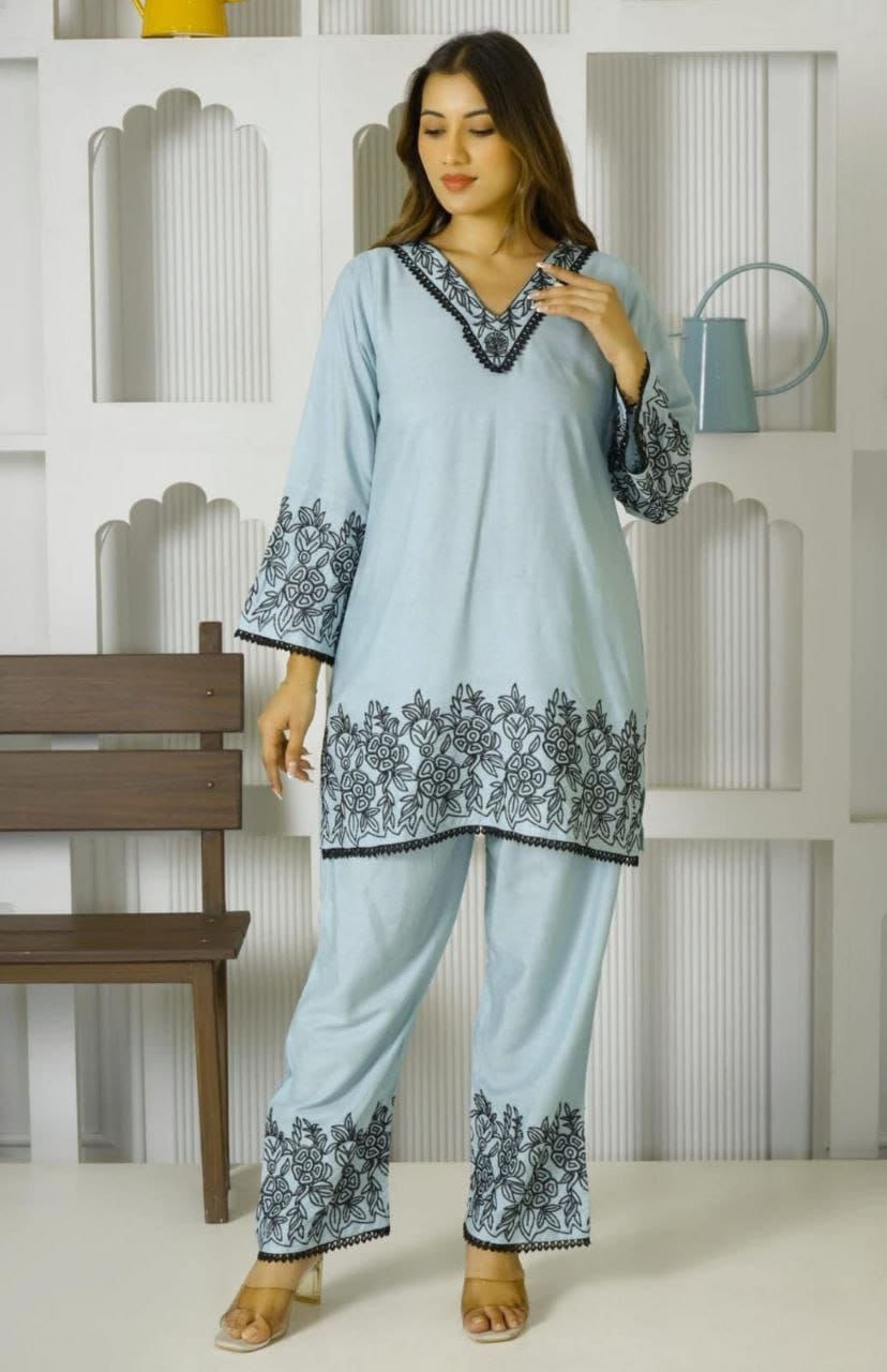 Tesla Cotton Slub Embroidered Kurti Set with Bottom – Free Shipping(SI-322 _550)