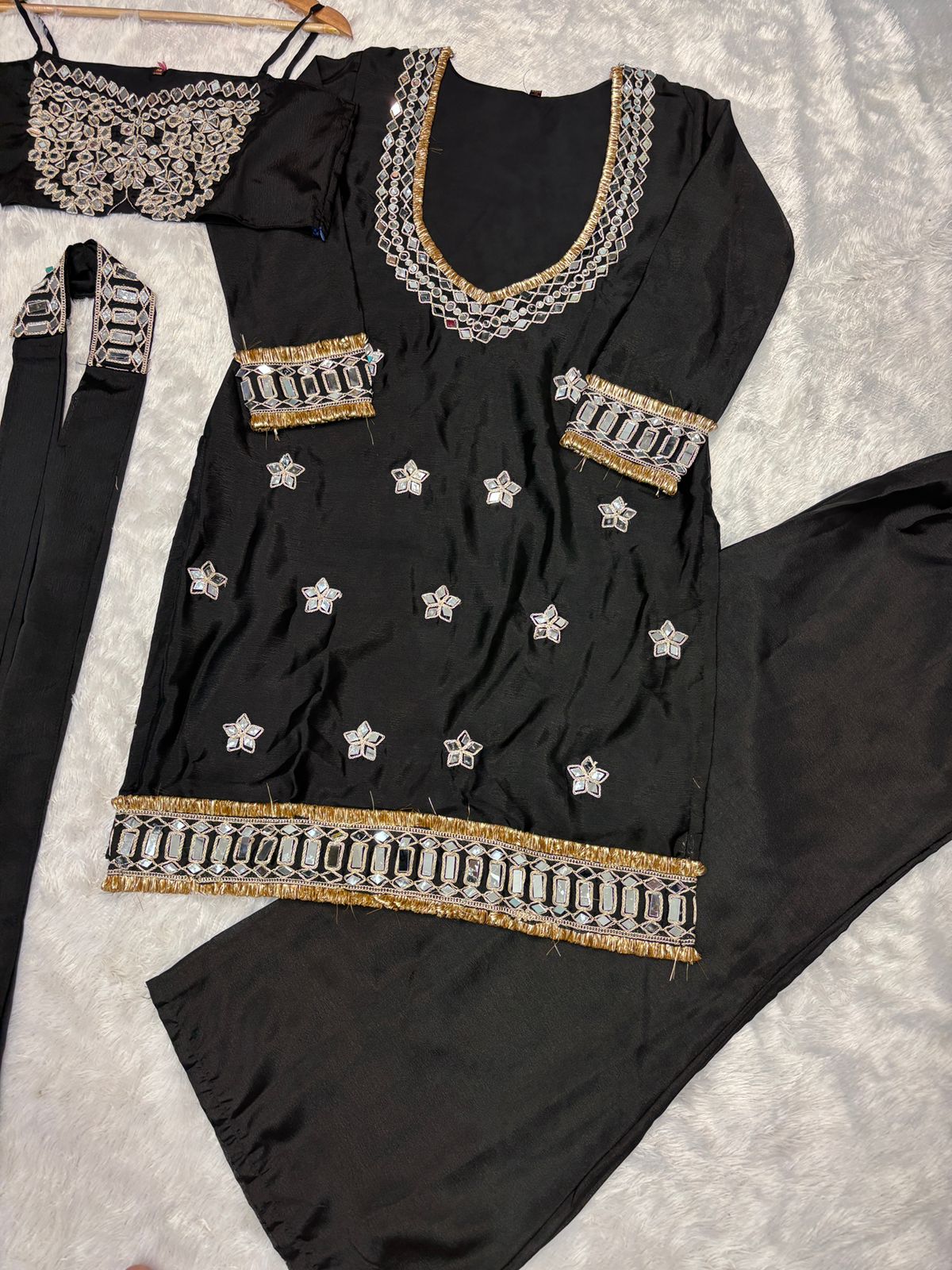 Elegant Chinon Party Wear Co-Ord Set with Bustier, Palazzo & Dupatta.