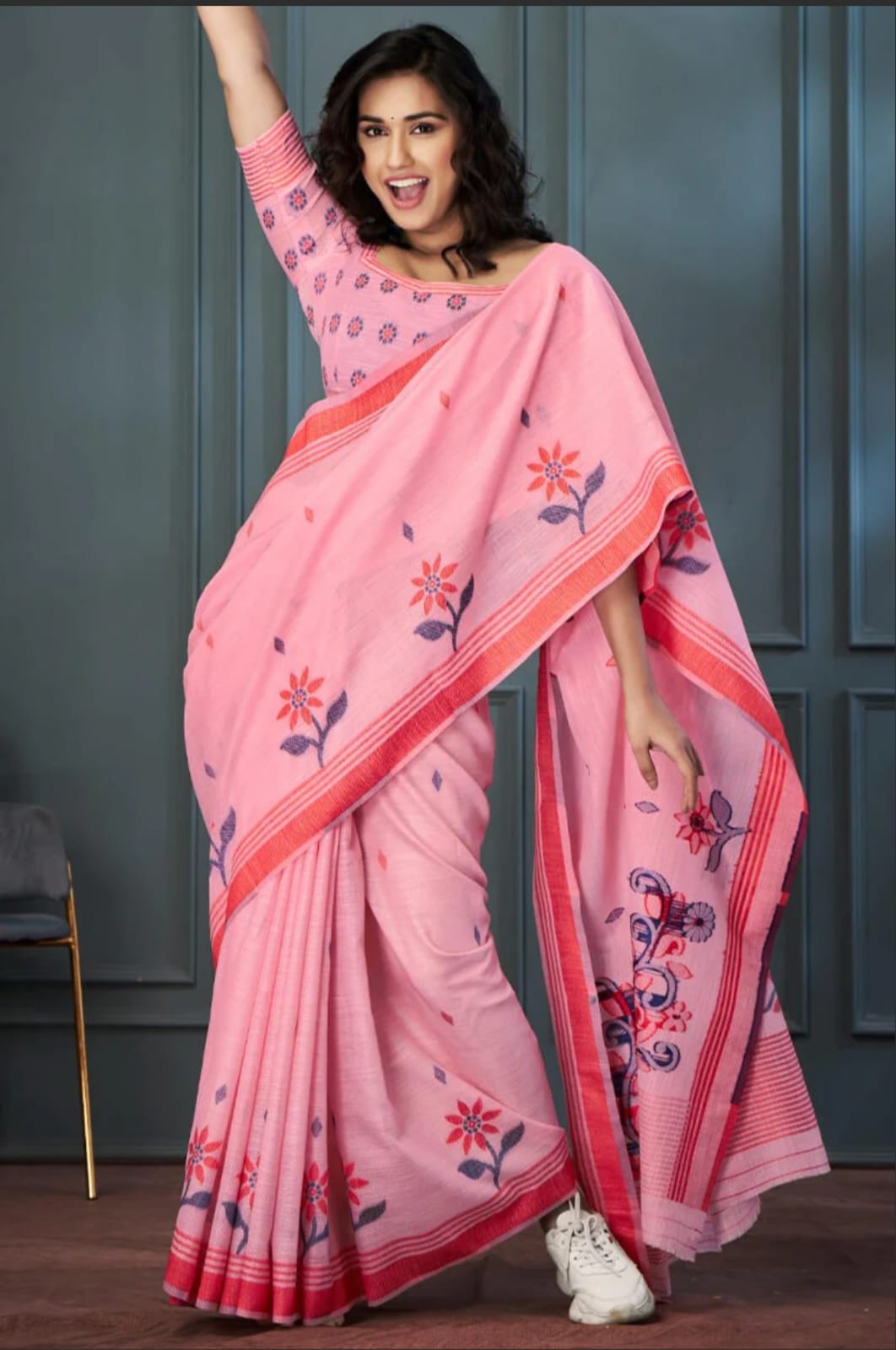 Plain Linen Digital Print Saree – MG665.560SS