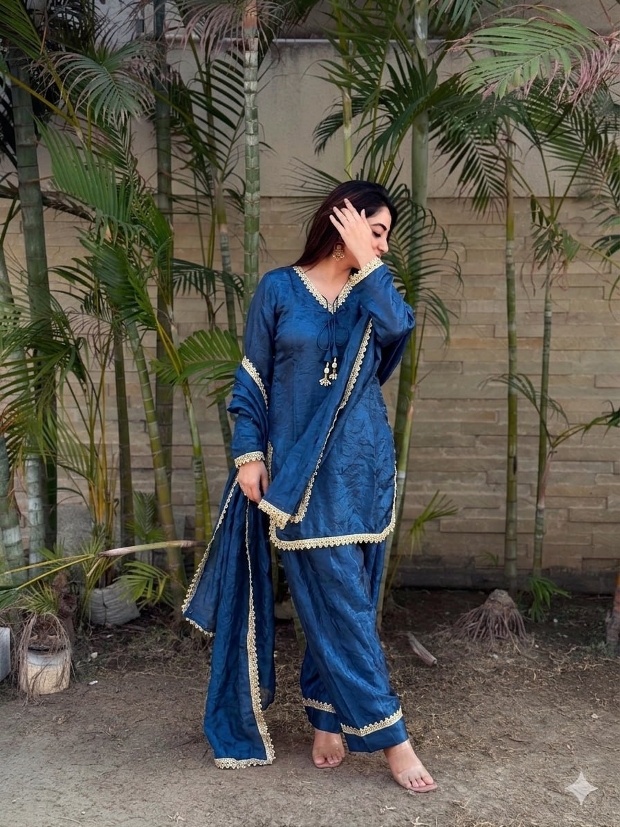 Premium Fendi Silk Embroidered Kurta Set with Mirror Work & Lace Border for Women-RO13902_1155