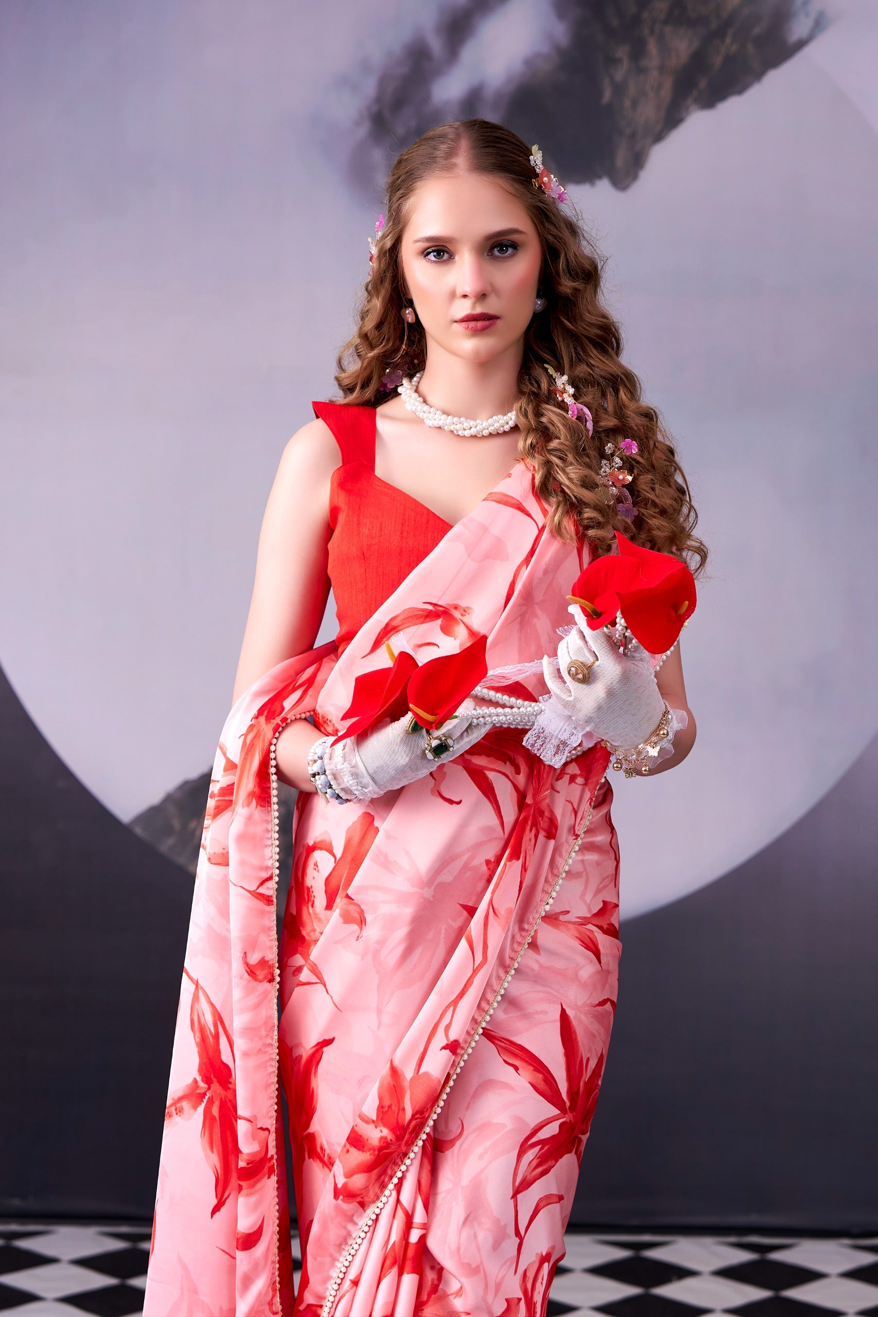 Satin Silk Floral Print Saree with Pearl Lace Border – KALKI-04.699SS