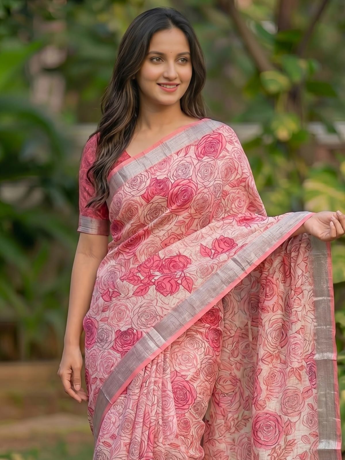 Linen Saree with Silver Jari Border – MG357.560SS